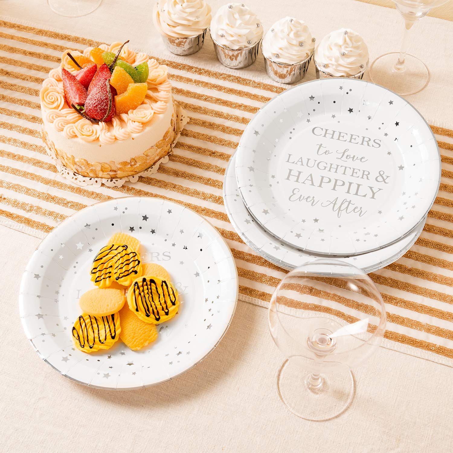 Crisky Cheers To Love Silver Disposable Plates For Bridal Shower, Wedding, Engagement, Bachelorett Party Decorations, Dessert, B