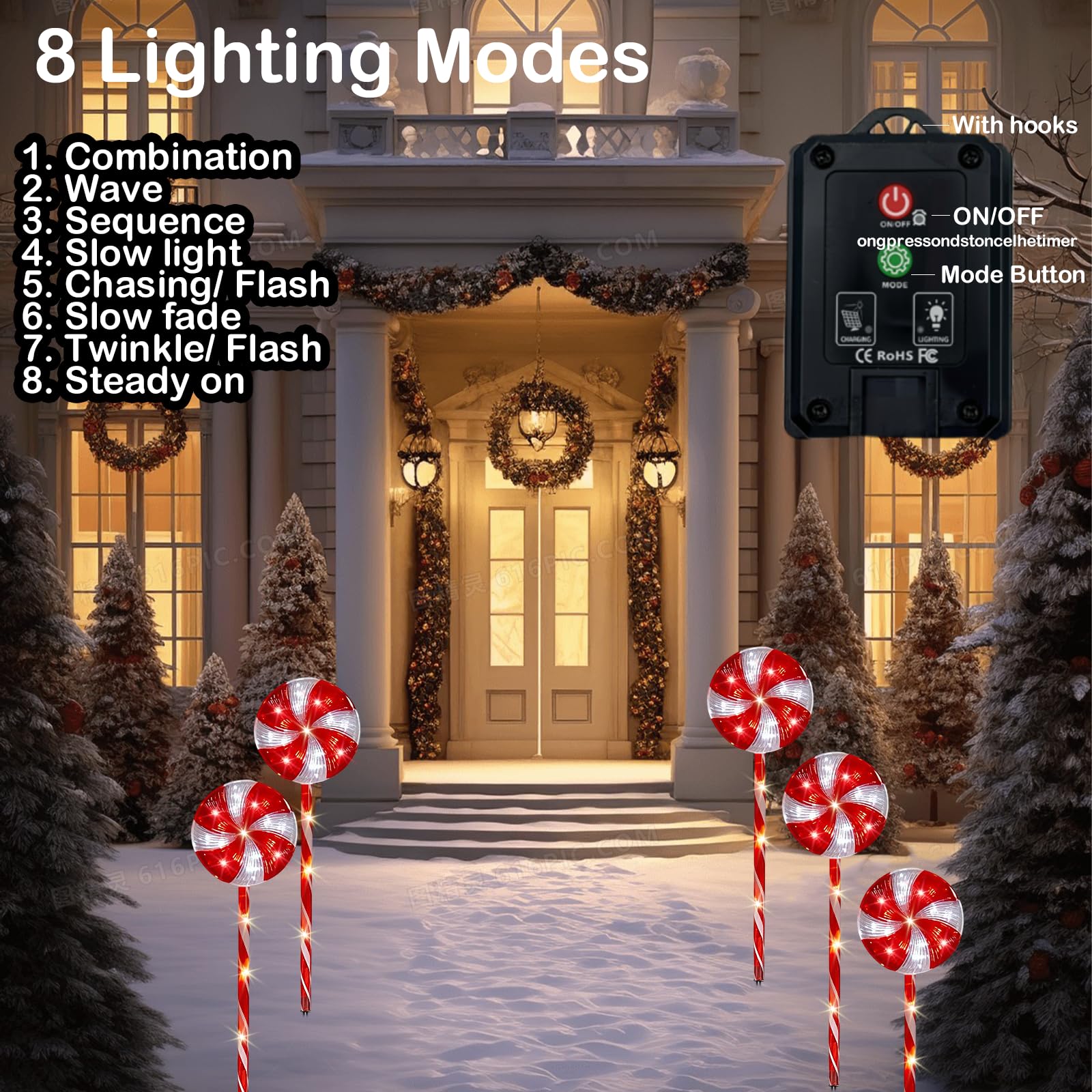 Solar Christmas Pathway Lights - 5 Pack Candy Cane Lollipop Peppermint Lights for Xmas Decorations, 22   Solar LED Candy Cane Pa