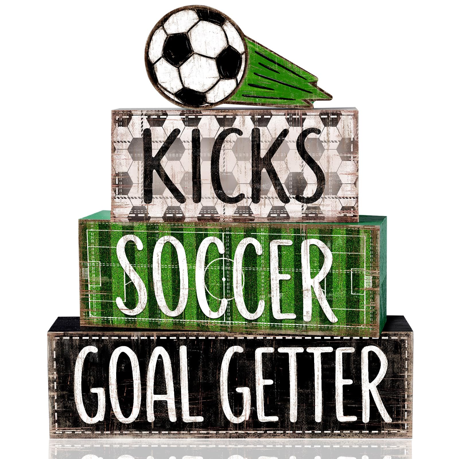 DIYDEC 4Pcs Soccer Tabletop Decorations Ball Wooden Block Signs Gift Rustic Football Tiered Tray Decor Soccer Goal Centerpiece W