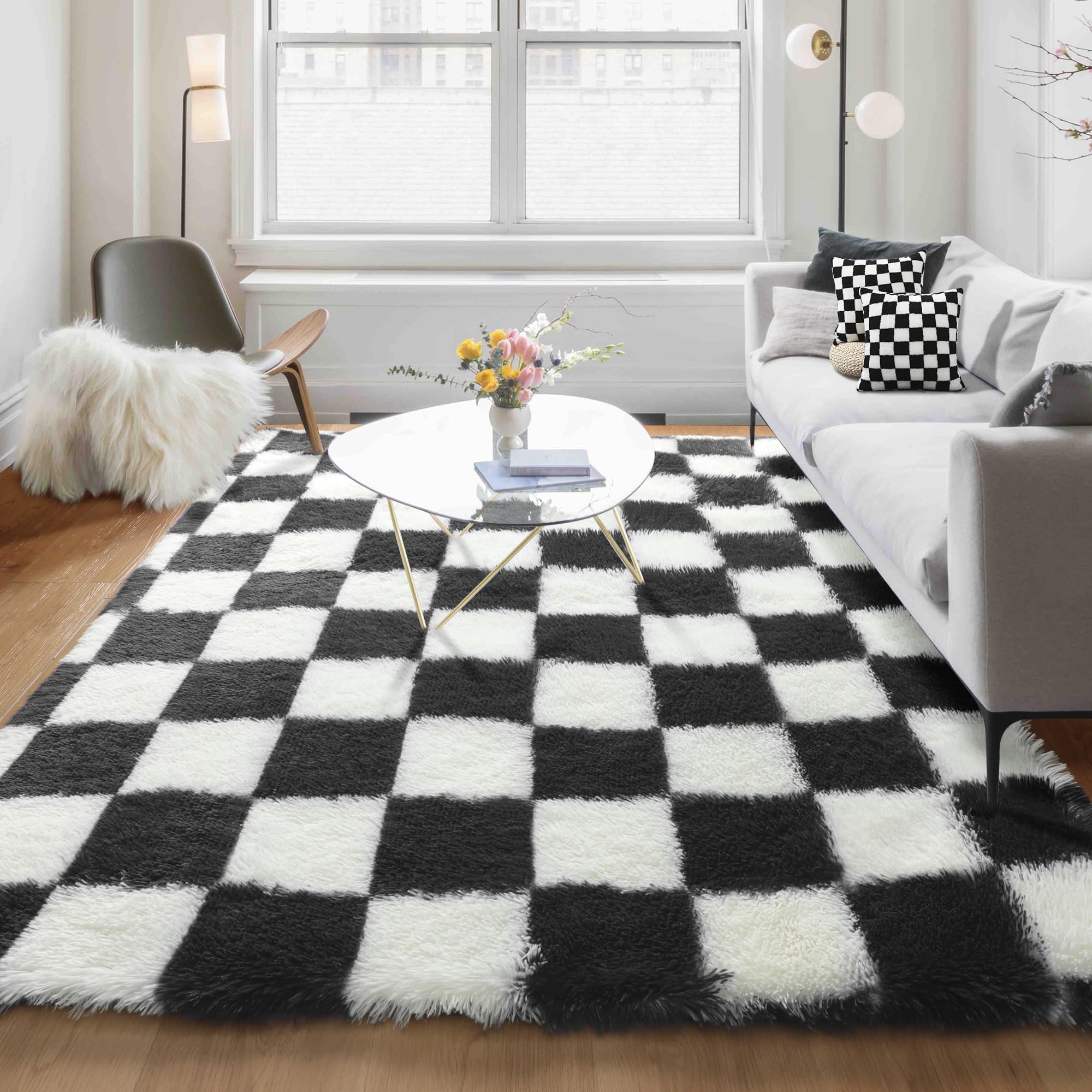 KICMOR 5x8 Beige and Cream White Rugs Living Room Carpets, Large Fluffy Shag Fuzzy Checkered Area Rug for Bedroom Aesthetic, Sof