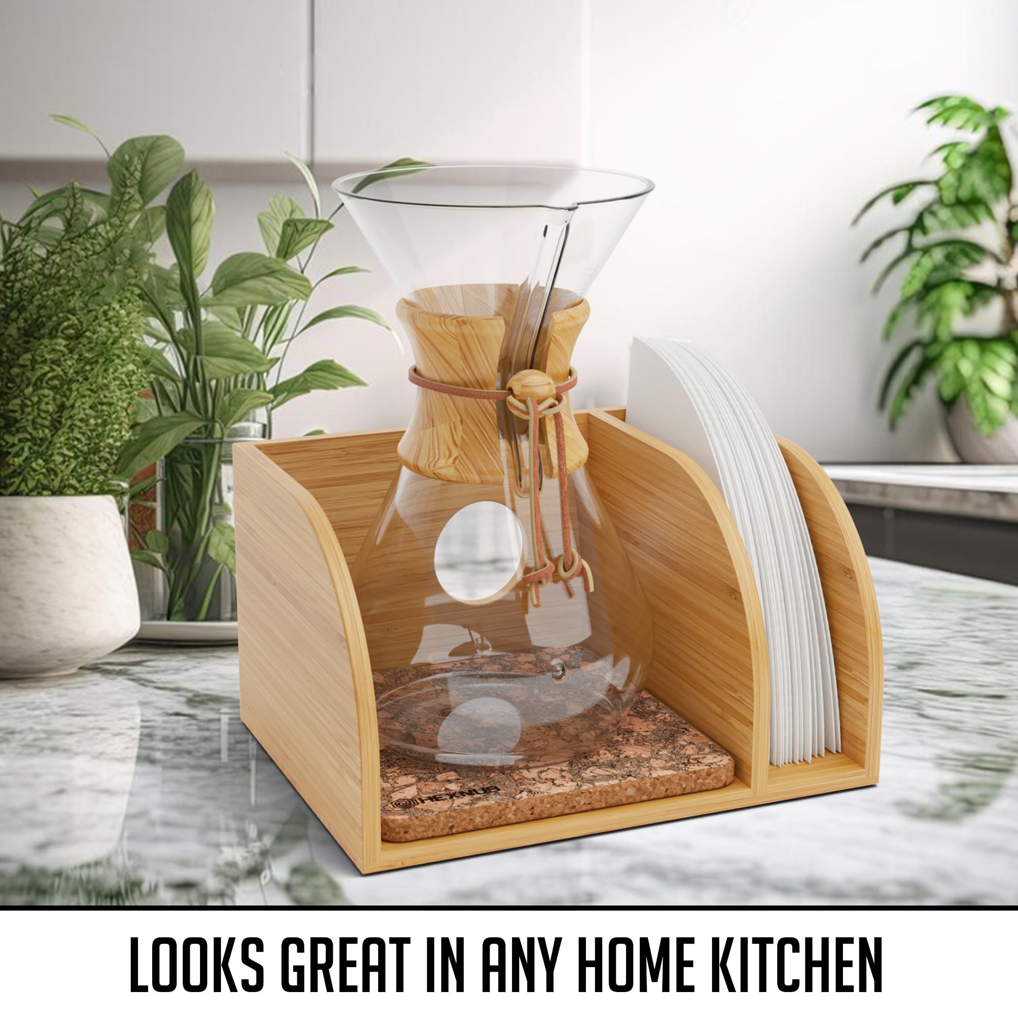 Hexnub - Caddy For Pour Over Coffee Maker, Bamboo Stand Fits Chemex, Bodum, Cosori Coffee Carafes, Heatproof Mat, Filter Holder