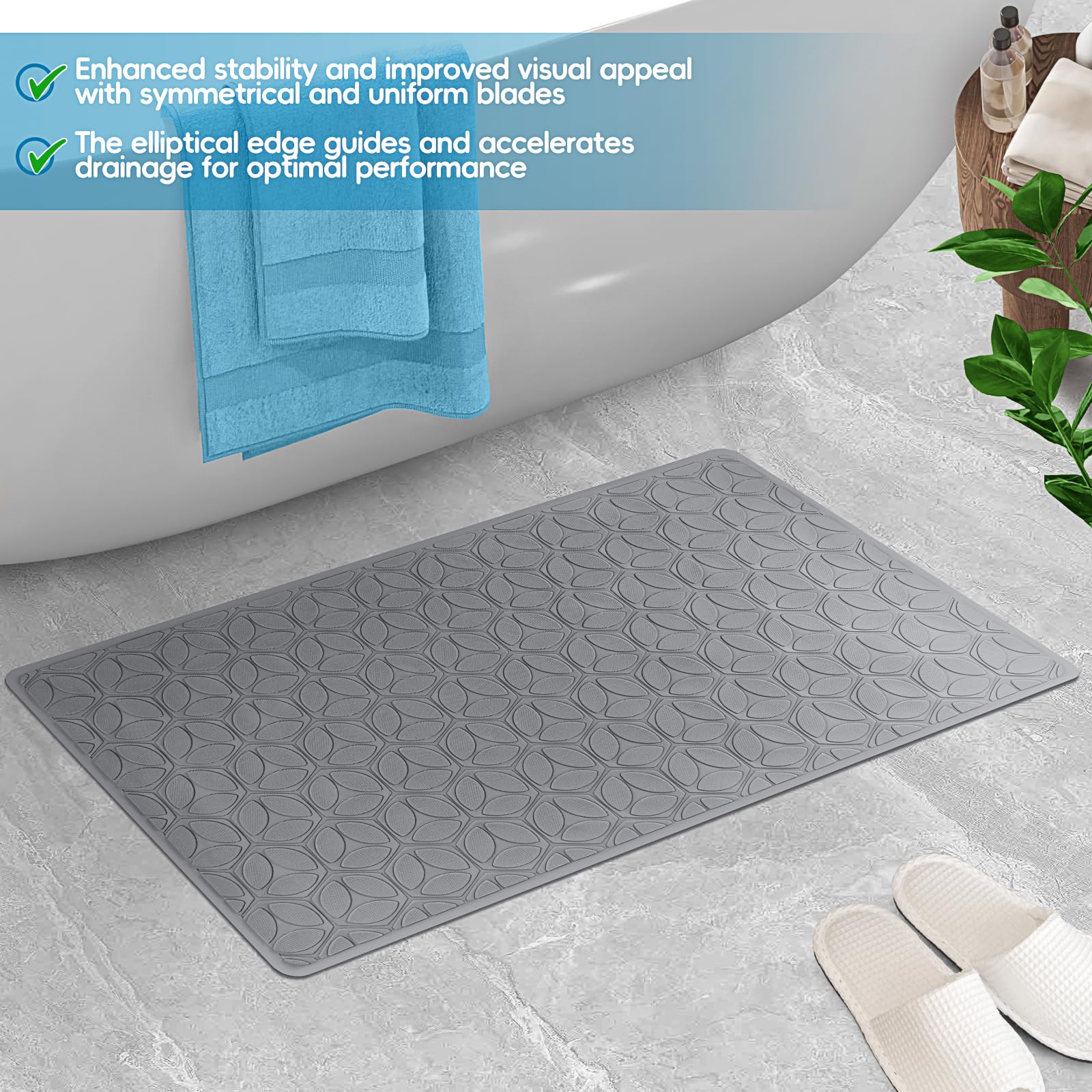 Wrisin Bathtub Mat Non Slip With Suction Cups - 100% Rubber Bathroom Mat Textured For Bath Tub Shower Safety - Soft On Touch - B