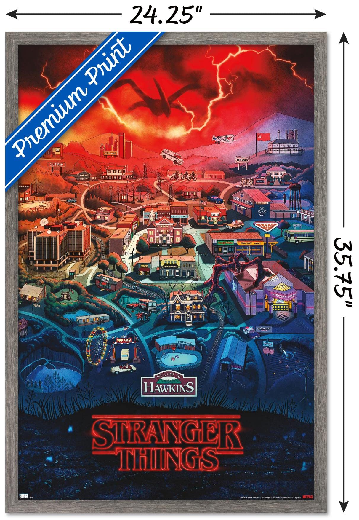 Trends International Netflix Stranger Things: Season 4 - Hawkins, Indiana Wall Poster, 22.375'' X 34'', Barnwood Framed Version