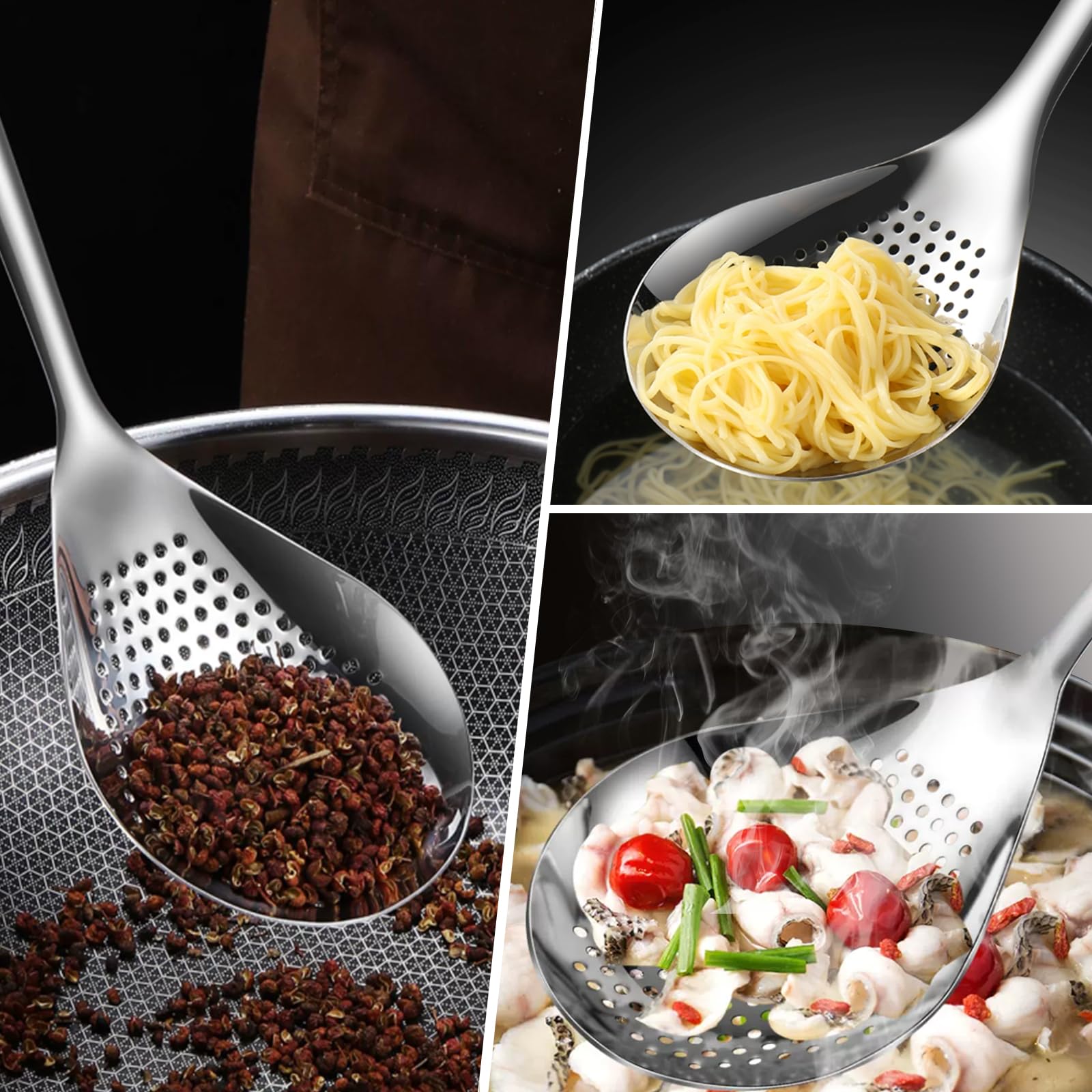 Kaycrown Skimmer Slotted Spoon, 2 Pack Stainless Steel Pasta Spider Strainer Skimmer Ladle Spoon For Frying And Cooking, Frying