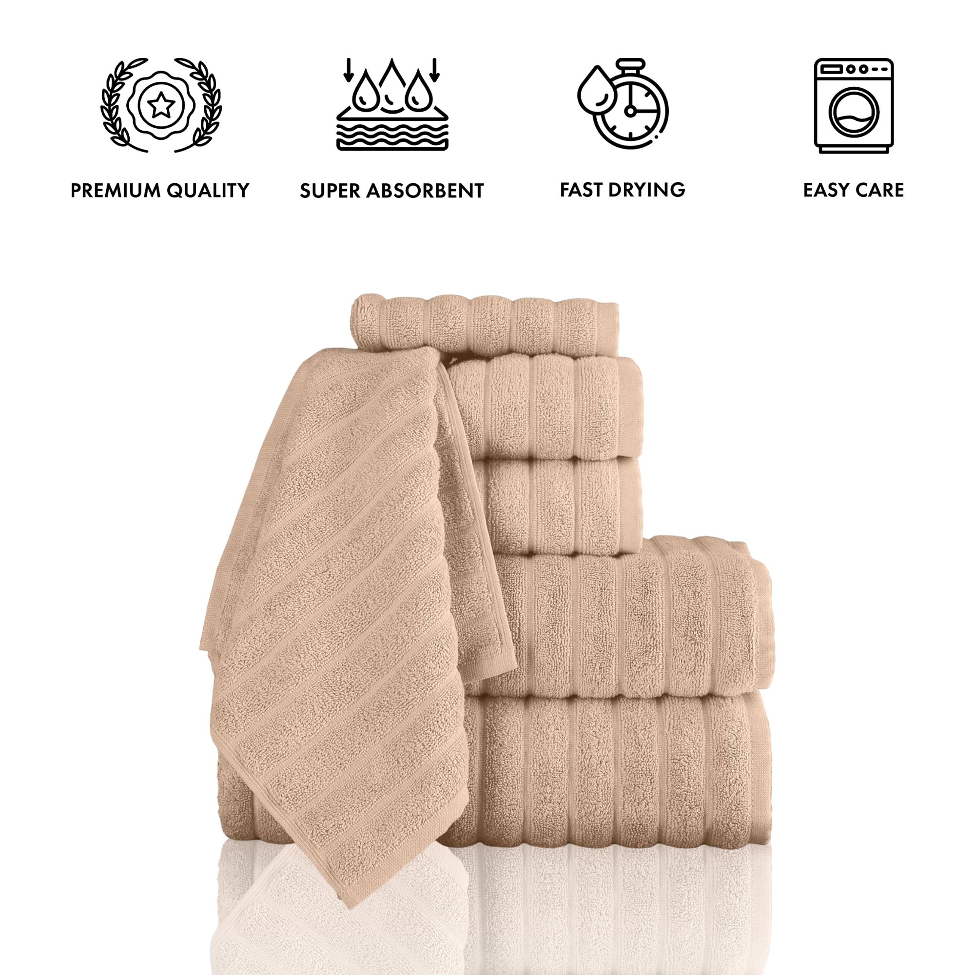 Classic Turkish Towels Luxury 6 Piece Towel Set - 2 Bath Towels  2 Hand Towels  2 Washcloths  Jacquard Ribbed  Absorbent  100% Turkish Cotton (Almond Beige)