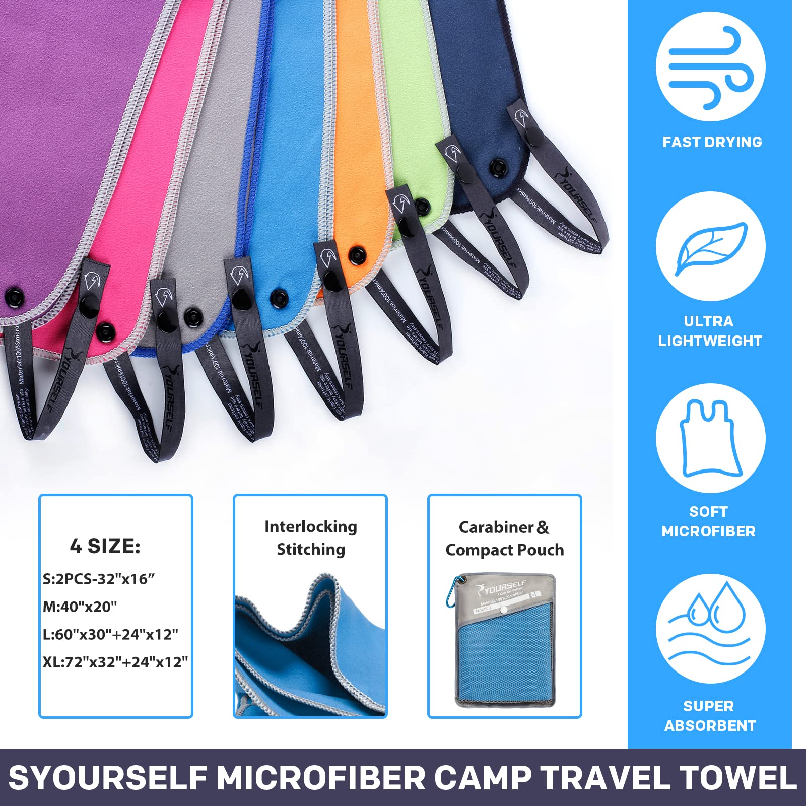 SYOURSELF Camping Towel  Microfiber Towel Quick Dry Beach Towel  Super Absorbent Compact Travel Towel Yoga Gym Sport Towel for Workout Camping Hiking Bath Swim(M:40''x20'')