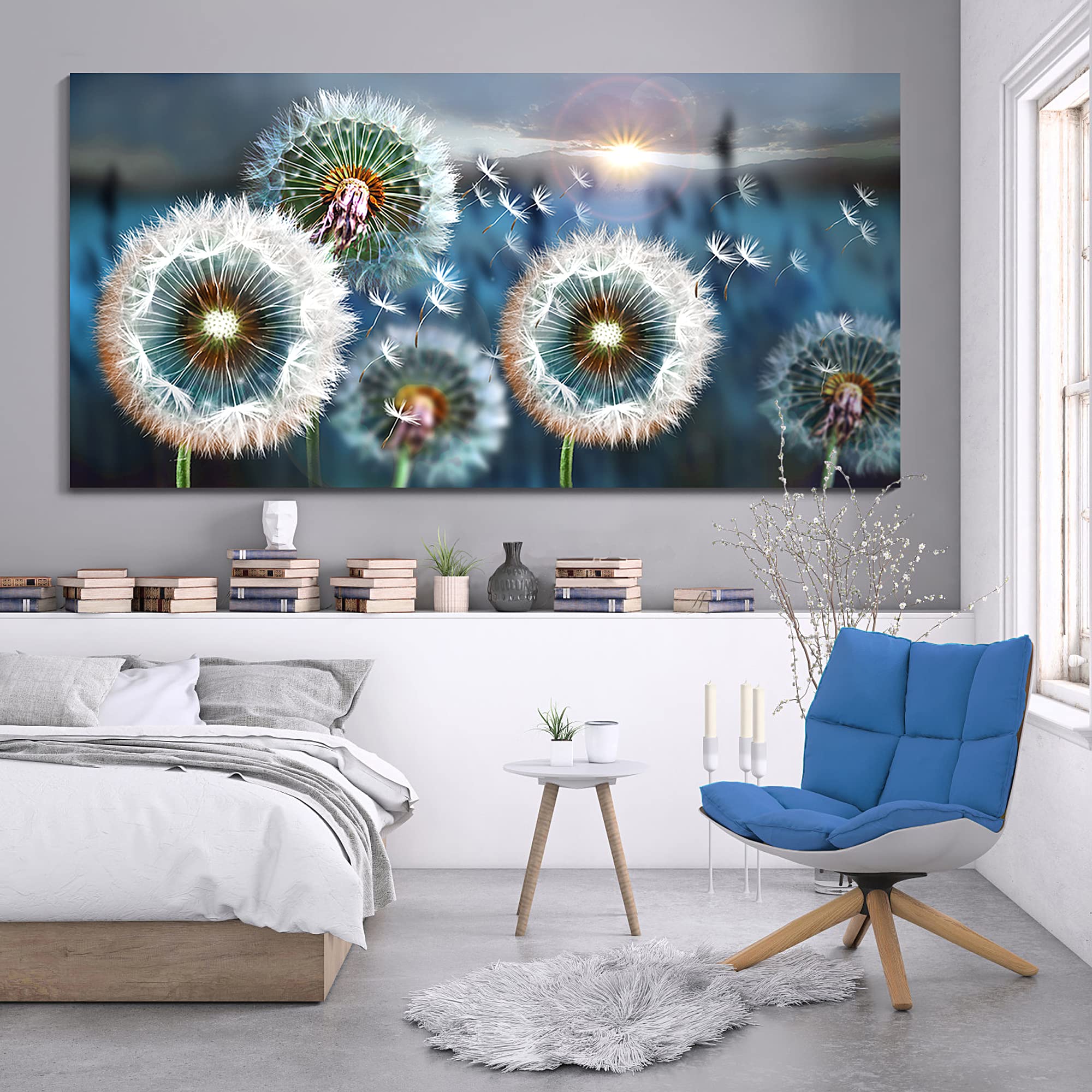 Large Wall Art Dandelion Theme Canvas Art Wall Decor For Living Room Abstract White Dandelion Sun Blue Landscape Prints Artwork