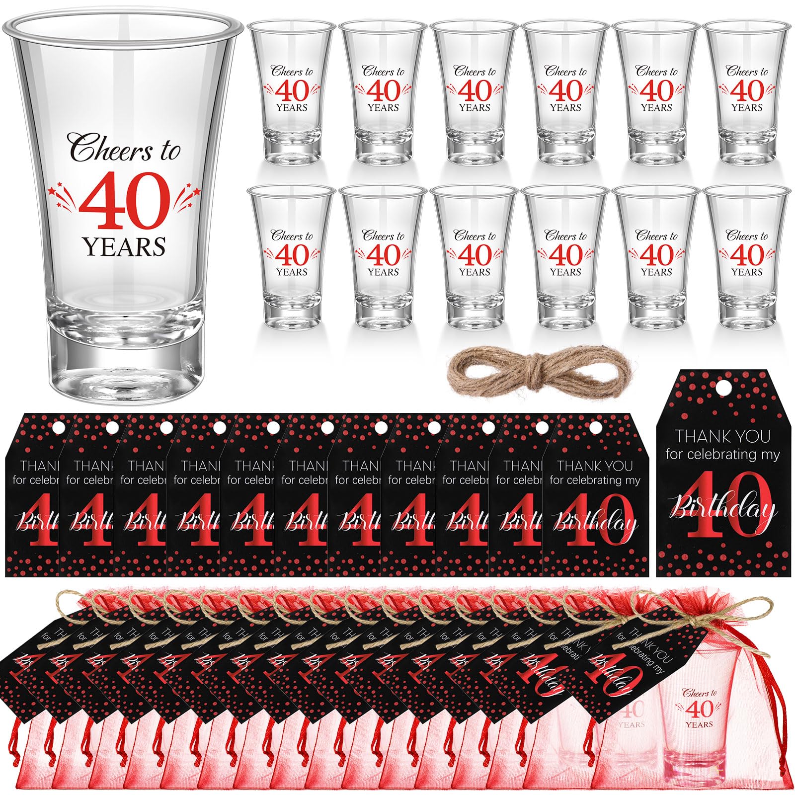 Pickmesh 50 Sets Black Red Birthday Party Favors for Guests Souvenir 40 Years Old Gift Acrylic Clear Shot Glasses with Thank You