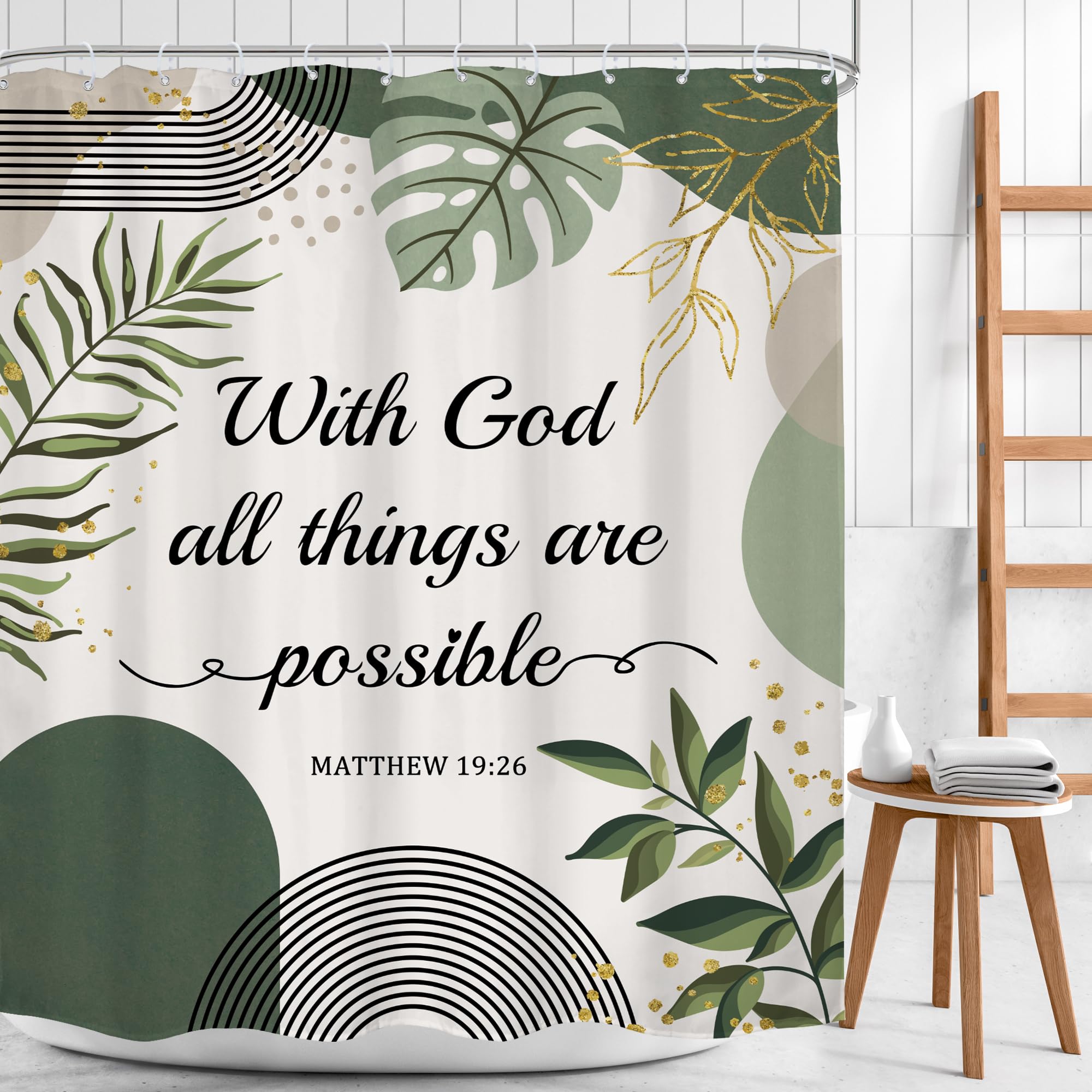 Mitpok Bible Verse Scriptures Christian Shower Curtain Sage Green Boho Mid Century Modern Abstract Quotes Gold Leaves 60Wx72H Ba