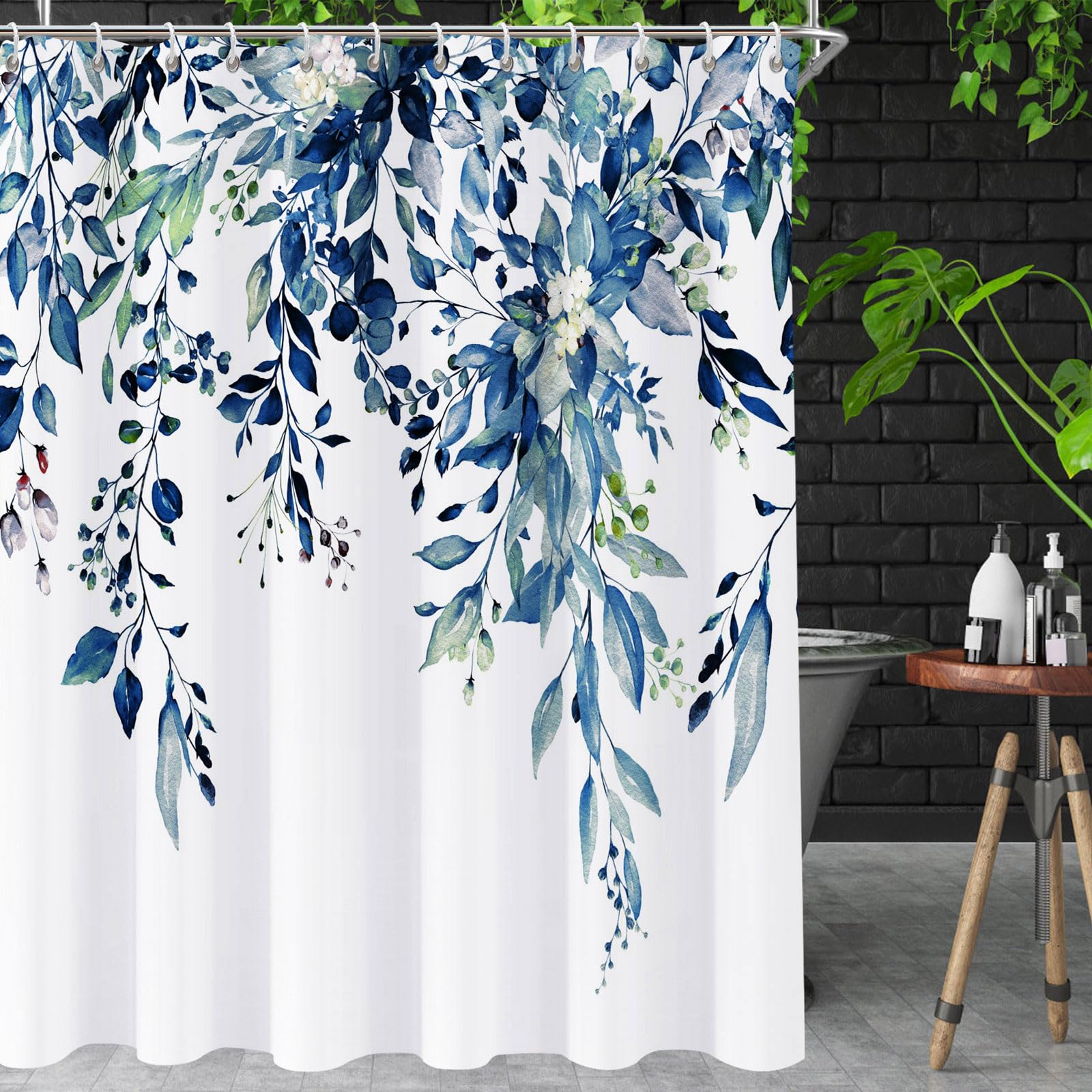 Yiartaan Shower Curtain Blue Eucalyptus Shower Curtains For Bathroom, Watercolor Leaf Shower Curtain Sets Waterproof Plant Showe