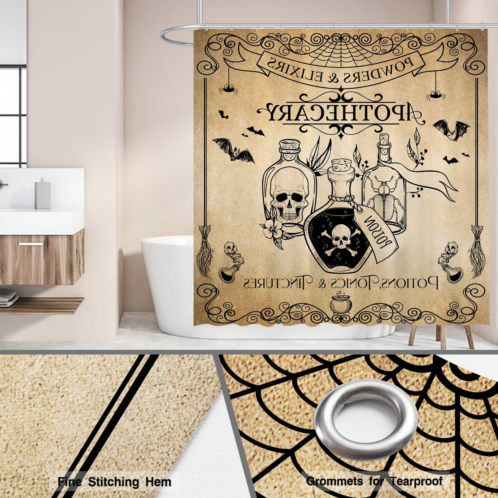 Funnytree 72''X72'' Halloween Apothecary Bat Magical Chemistry Witch Wicca Potions Poison Skull Shower Curtain For Bathroom Deco