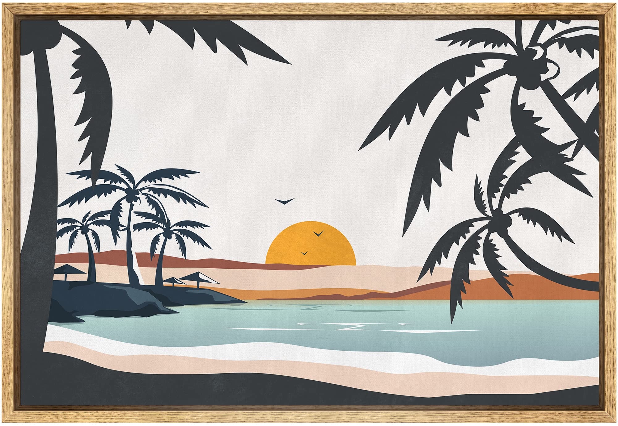 Signford Framed Canvas Print Wall Art Pastel Ocean Sunshine Sunset Horizon Nature Wilderness Illustrations Modern Art For Living