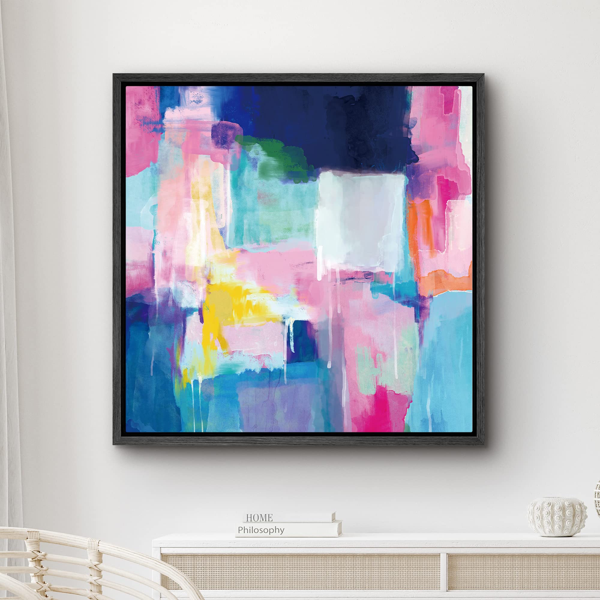 Signwin Framed Canvas Print Wall Art Pastel Pink, Teal, Blue & Orange Paint Strokes Abstract Shapes Illustrations Modern Art Rus
