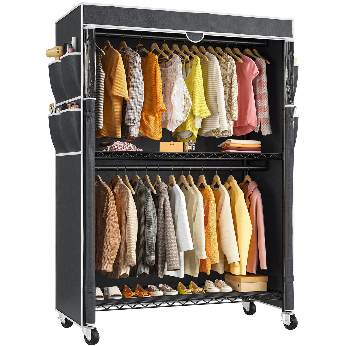 Raybee Heavy Duty Clothes Rack With Cover, 81'' H Clothing Racks For Hanging Clothes With Wheels And Adjustable Feets, Portable