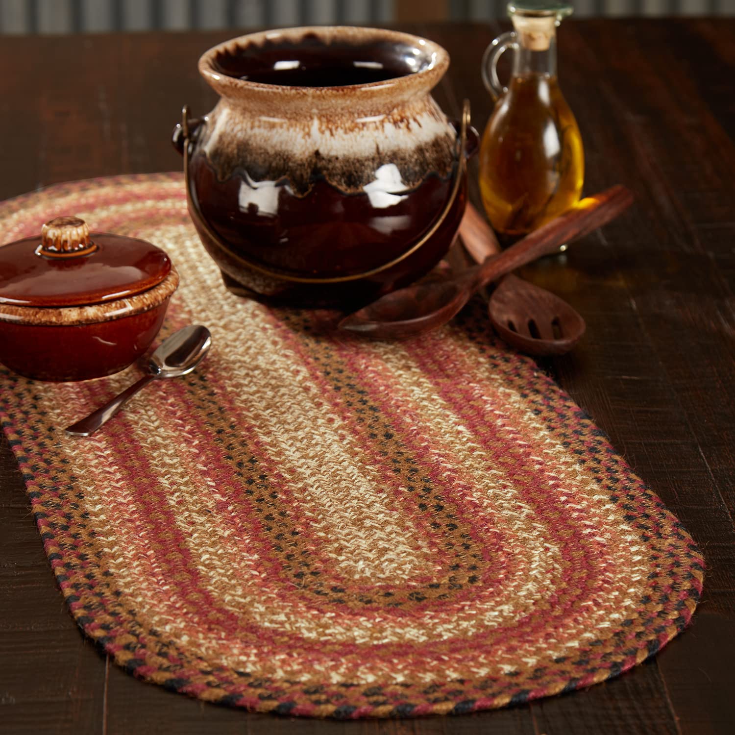 Vhc Brands Primitive Ginger Spice Table Runner, Orange Red Natural, Jute Blend, Oval, 13X36 Inches