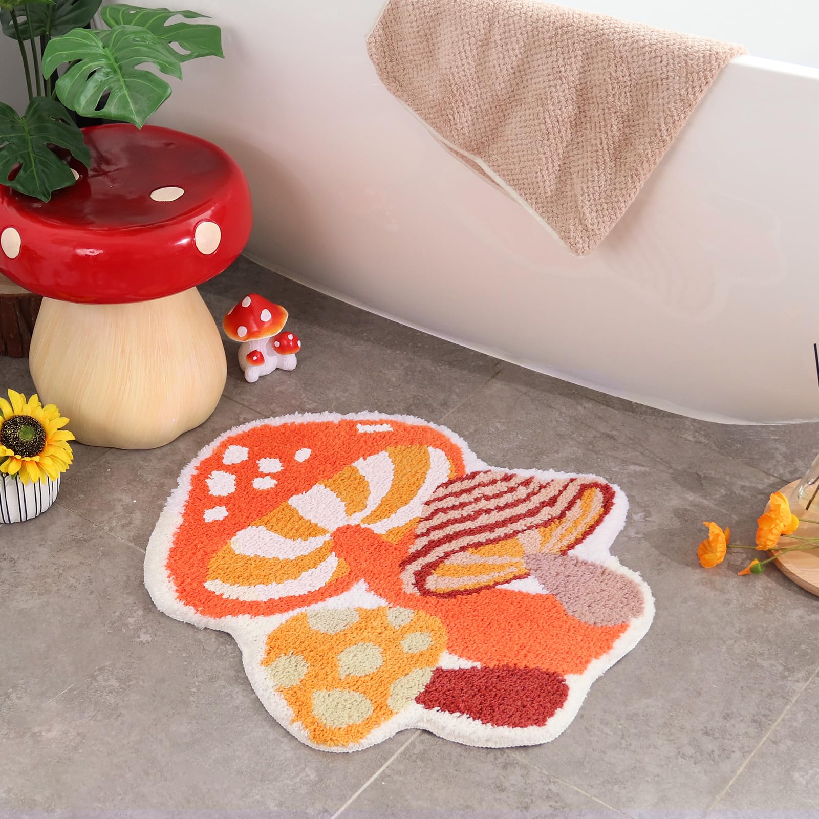 Softania Mushroom Rug Cute Bath Mat Small Non Slip Bathroom Rug Washable Fun Kids Bath Mats - Water Absorbing Bath Mat Funky Mus