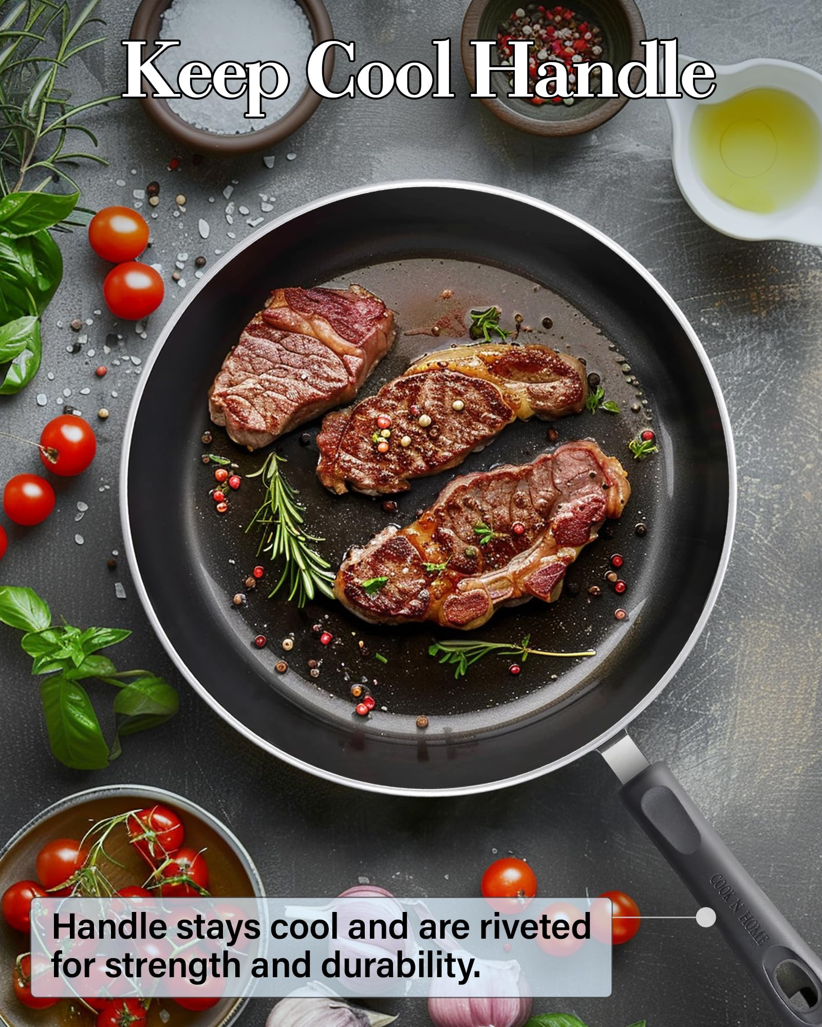 Cook N Home Nonstick Frying Pans Set 3 Piece, 8, 9.5, 11-Inch Kitchen Cooking Skillets Saute Fry Pan Induction Compatible, Marbl