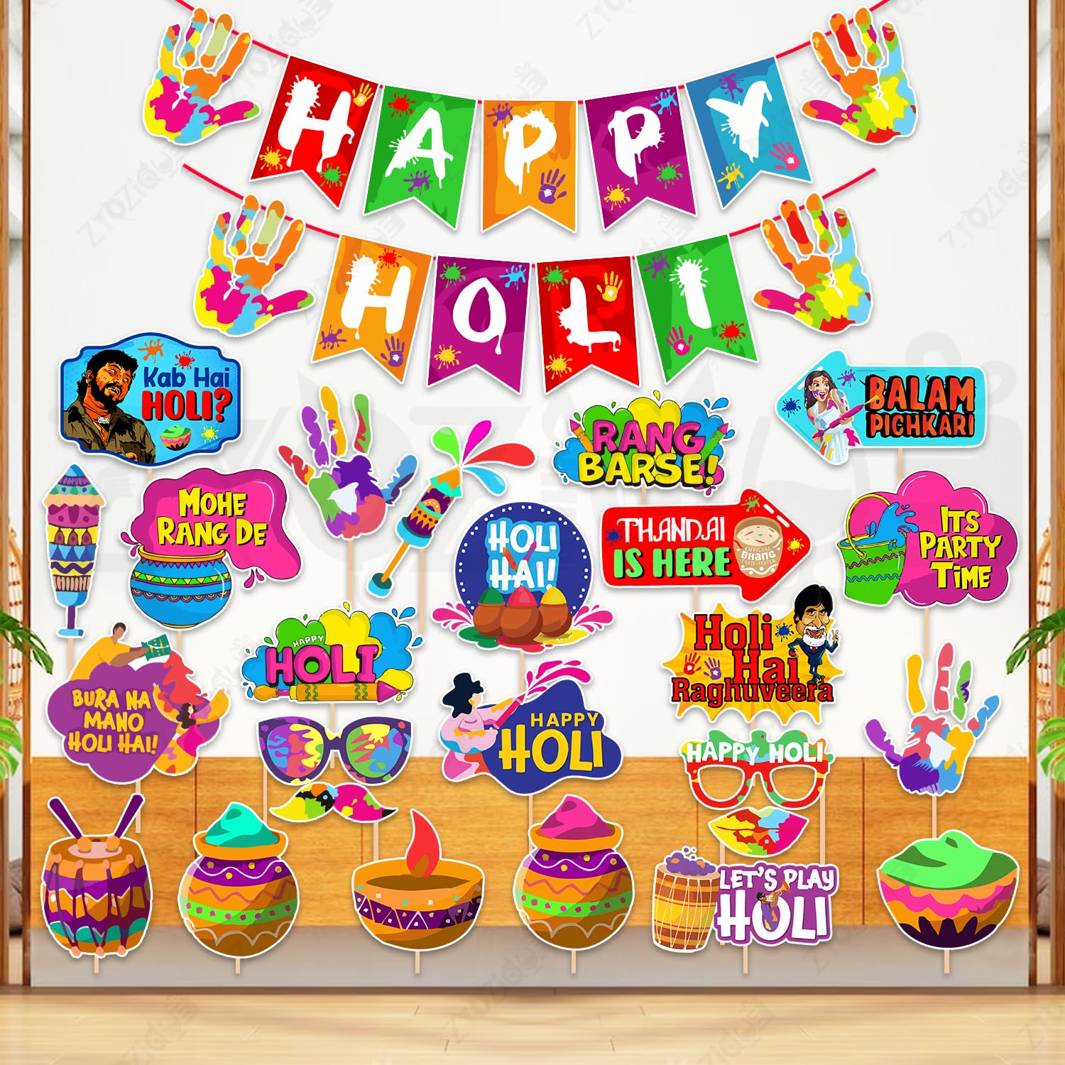 Zyozique Happy Holi Party Decorations Combo, Colorful Happy Holi Paper Banner with Photo Booth Props Cutouts, Festival Theme Par