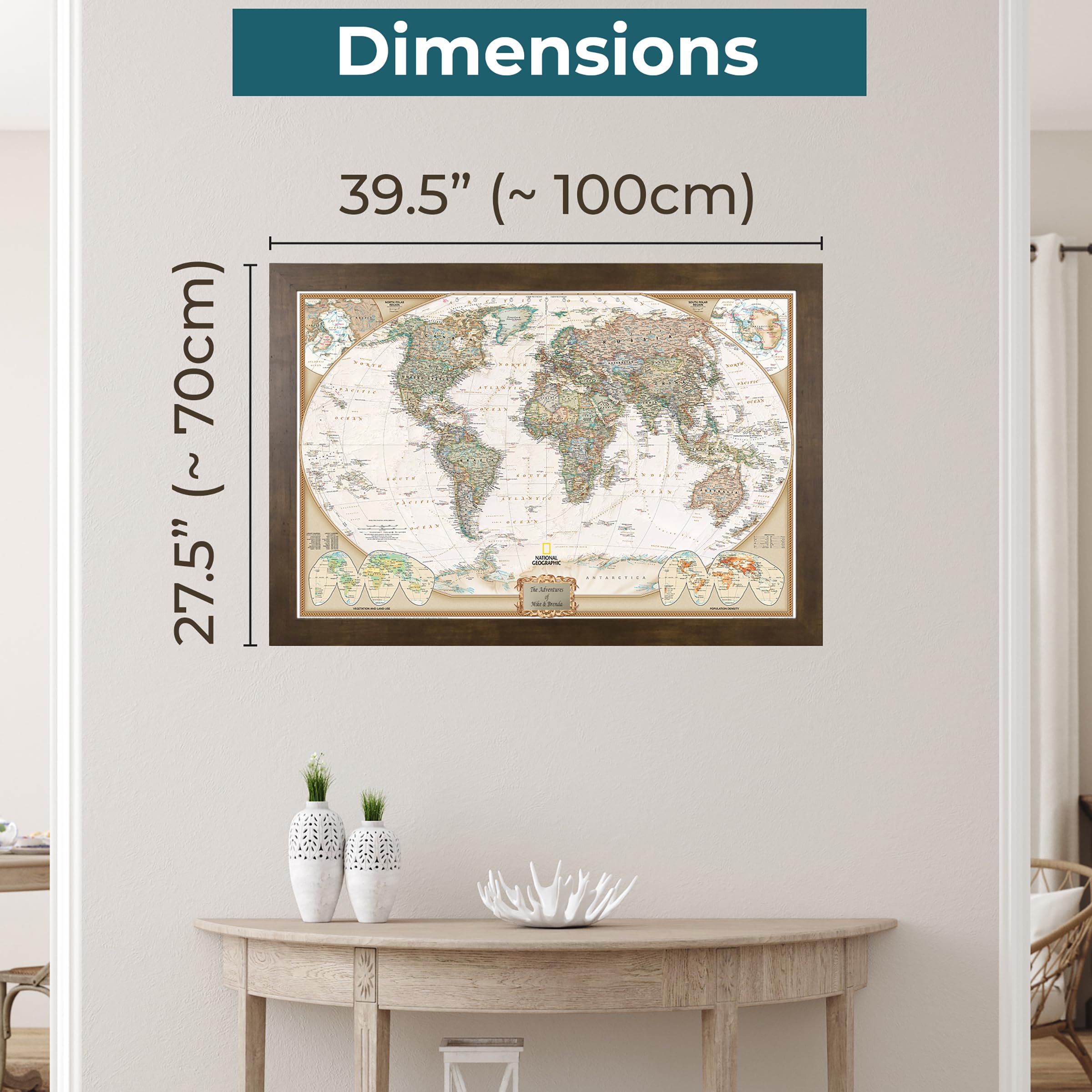 Push Pin Travel Maps Personalized Executive World With Rustic Brown Frame And Pins - 27.5 Inches X 39.5 Inches