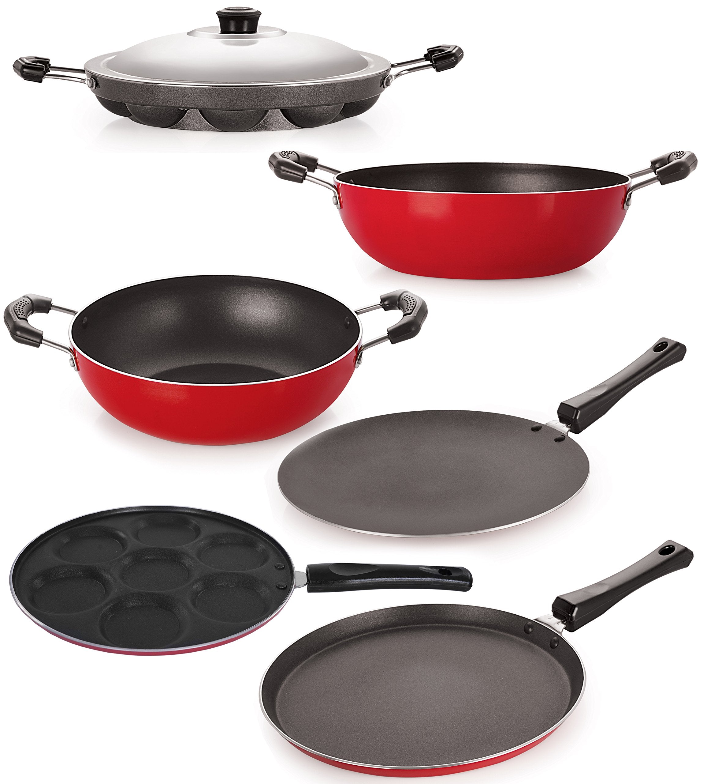 Nirlon NonStick Aluminium Cookware Set, 6Pieces, Red (26Ft12Ctkd12Kd14Apup)