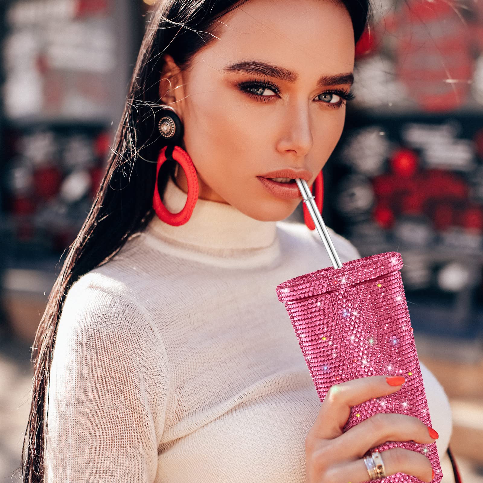 Mimorou Studded Bling Diamond Tumbler Glitter Water Bottle With Lid Stainless Steel Vacuum Thermal Straw Tumbler Rhinestone Tumb