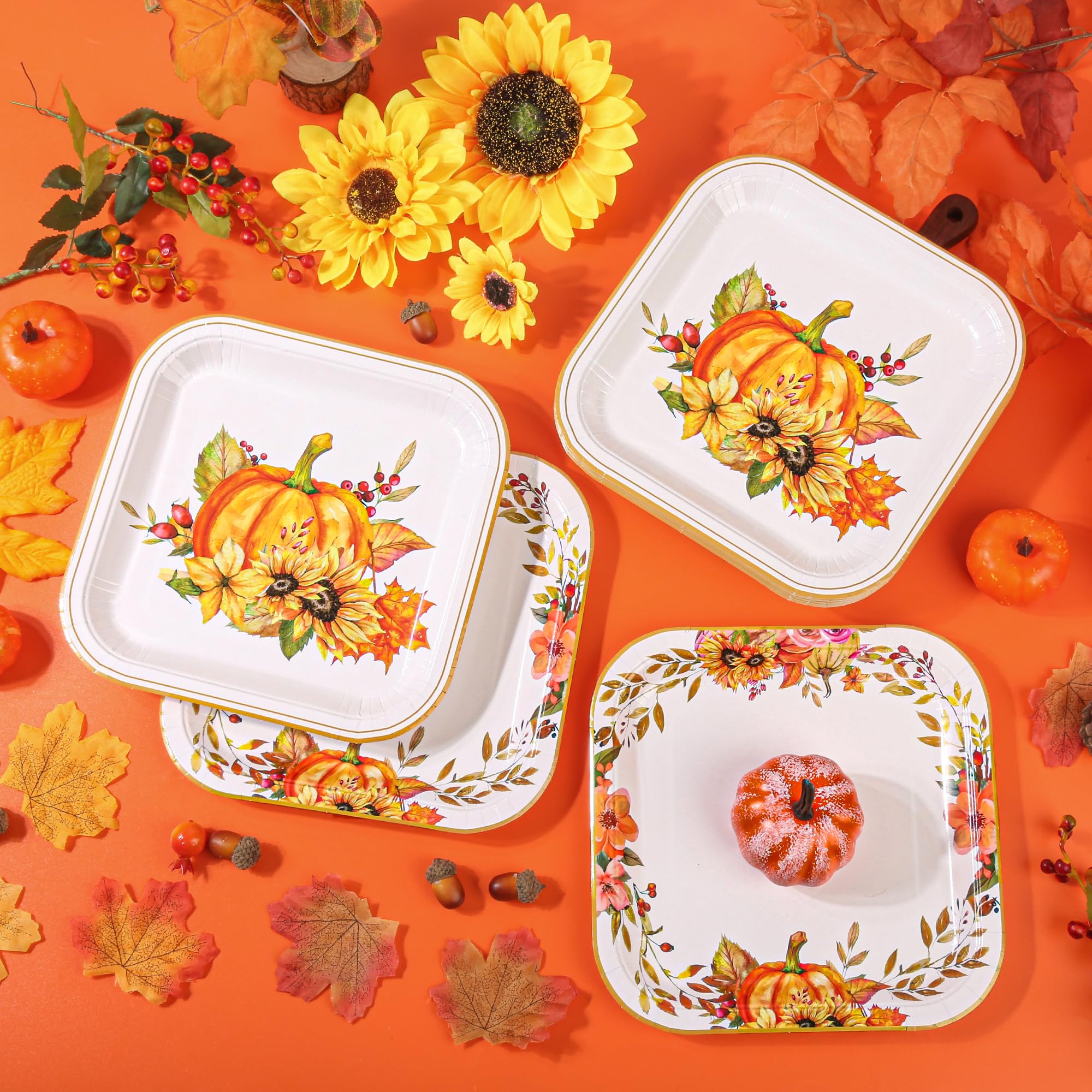Houuqe 60 Pcs Thanksgiving Fall Paper Plates 9 Inch Thanksgiving Pumpkin Plates Disposable Autumn Leaves Dinner Serving Plates H
