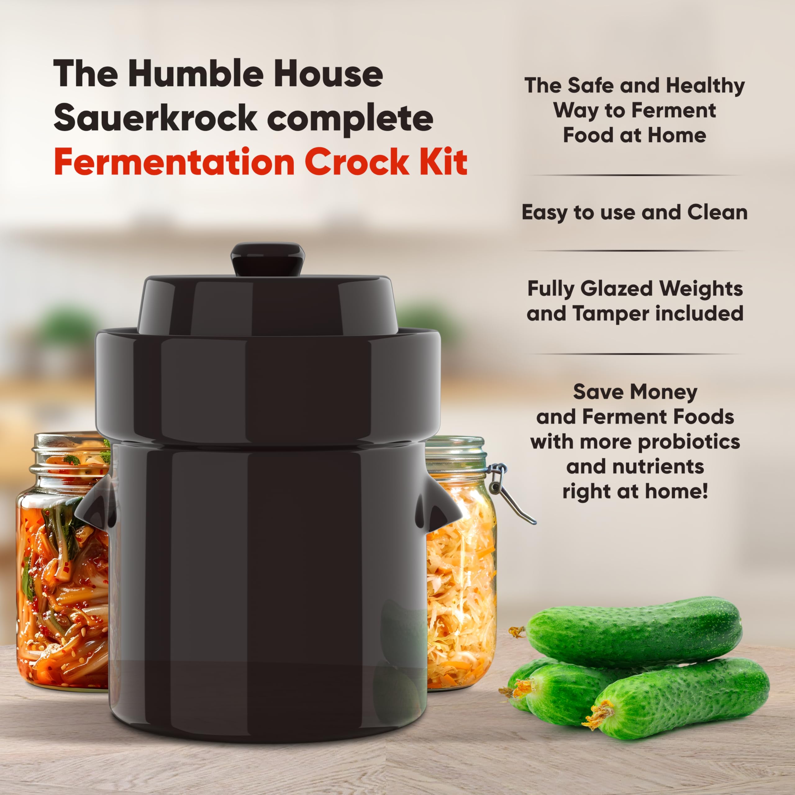 Fermentation Crock 1/2 Gallon Ceramic Sauerkraut Crock With Lid, Glazed Weights, & Pounder Humble House Sauerkrock 2 Liter White