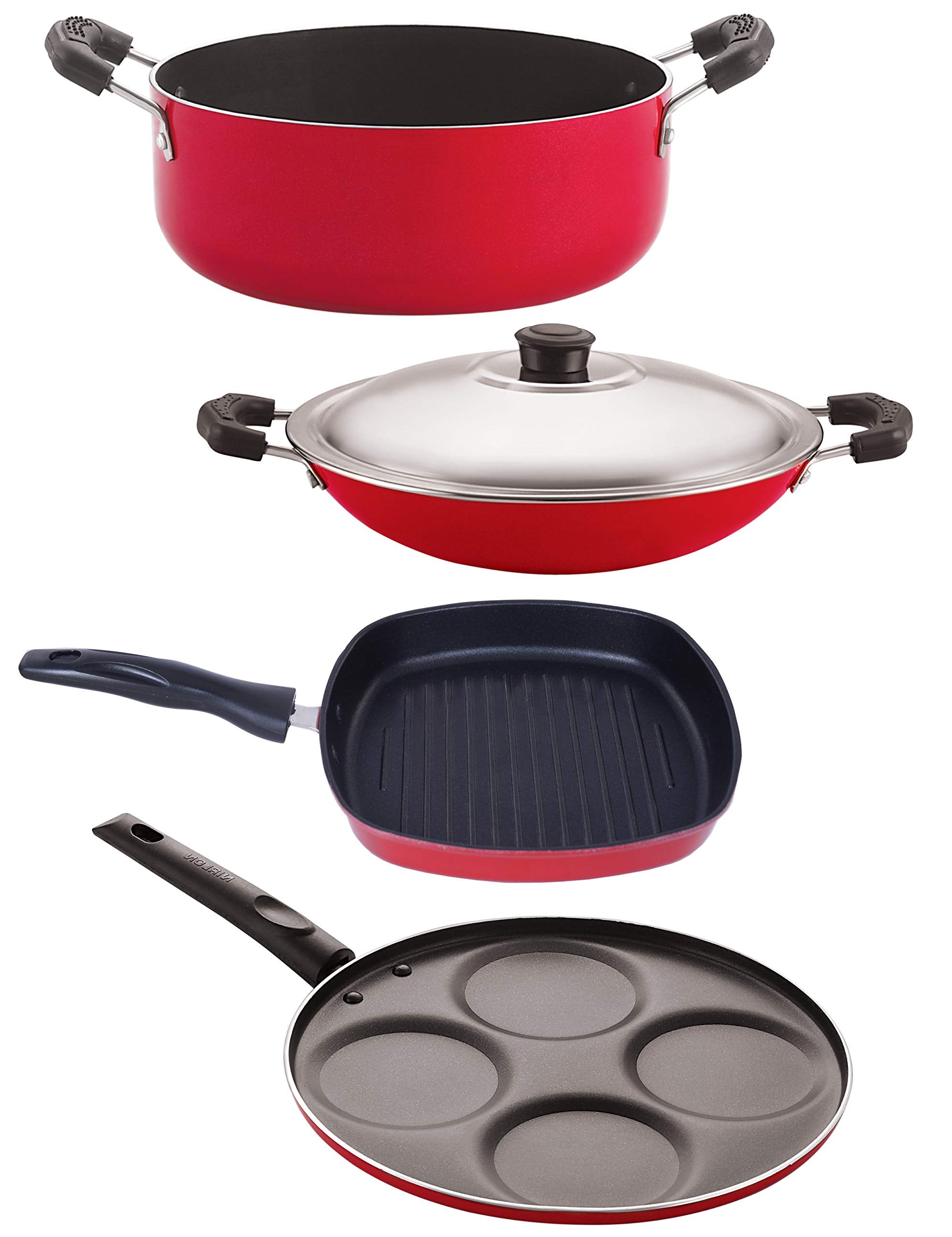 Nirlon NonStick Aluminium Cookware Set, 4Pieces, Red (Ac_Up4_Gp22.5_Cs24)