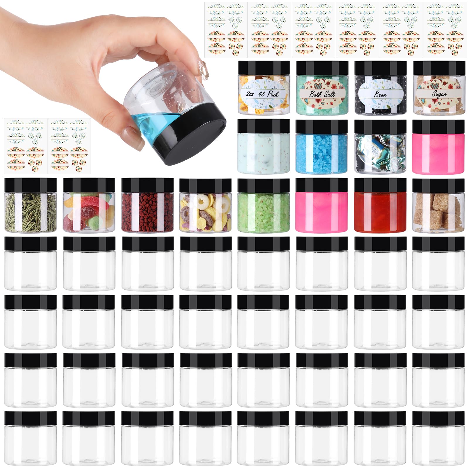 Jaisie.W 2 Oz Plastic Jars With Lids 48Pack,Empty Small Plastic Jars With Lids For Storage, Round Clear Plastic Jars With Lids F