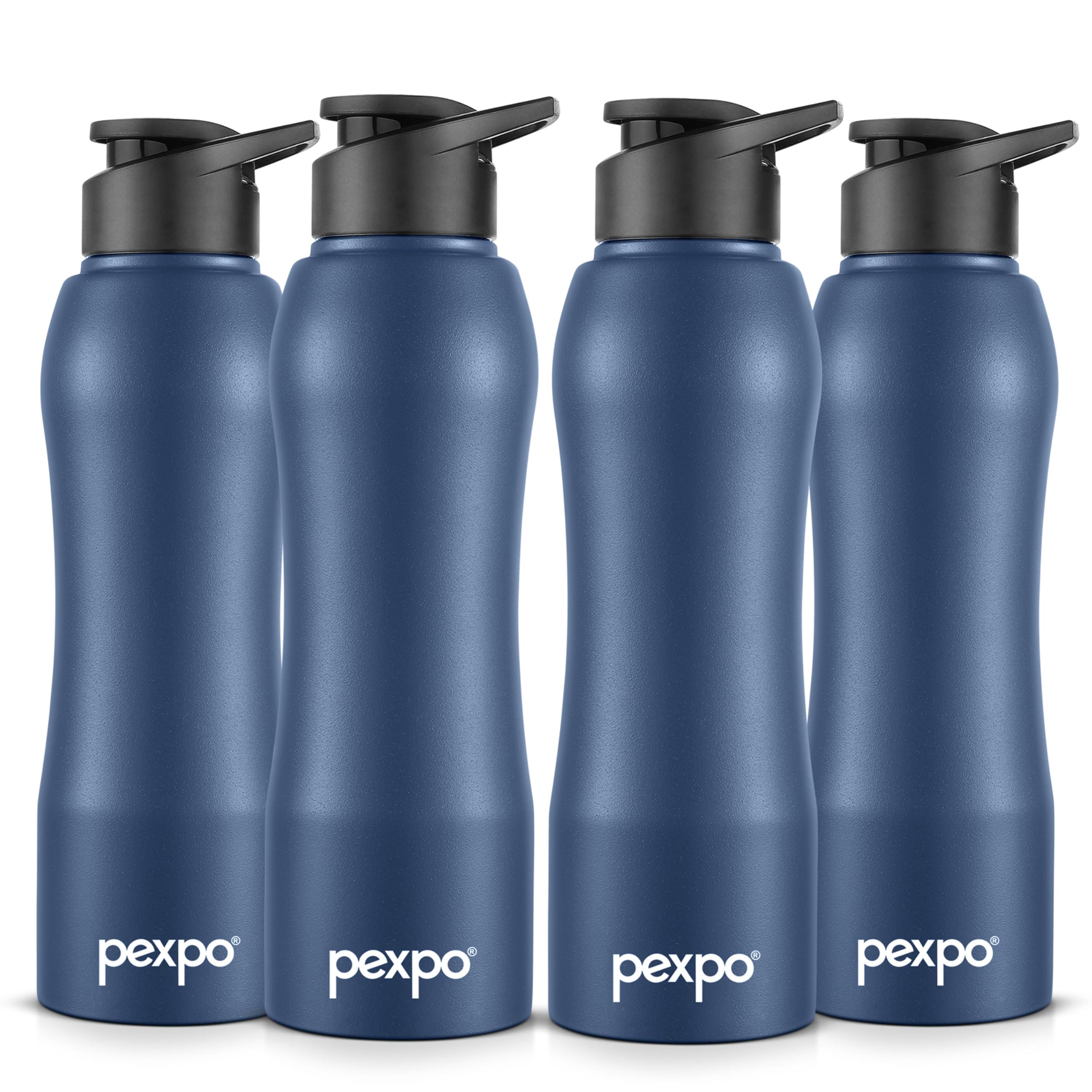 Pexpo Bistro Isi Certified Stainless Steel Fridge/Sports Sipper Water Bottle 1 Litre, Denim Blue, Pack Of 4|Single Wall|Easy Gri