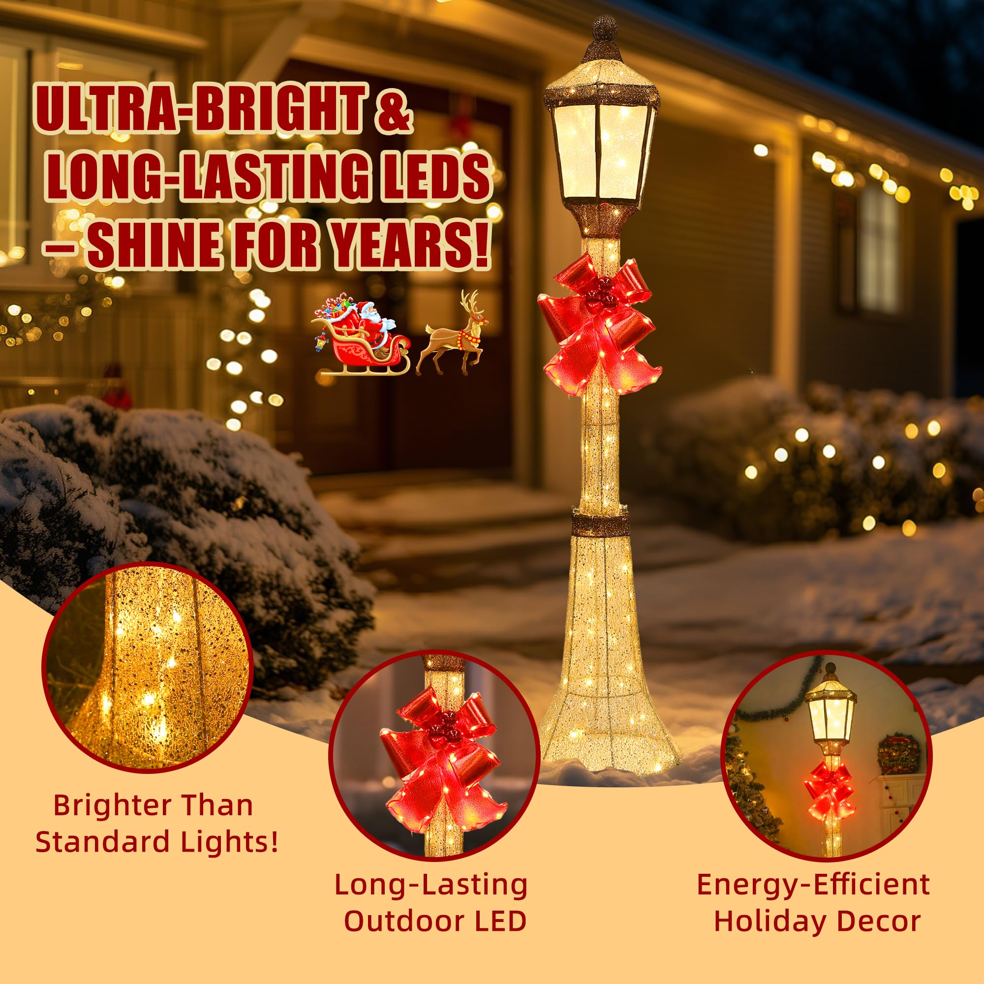 60-Inch Outdoor Christmas Decorations Outdoor Lighted Lamp Post 3D Lamppost LED Lighted Post Christmas Decoration with 128 LED L