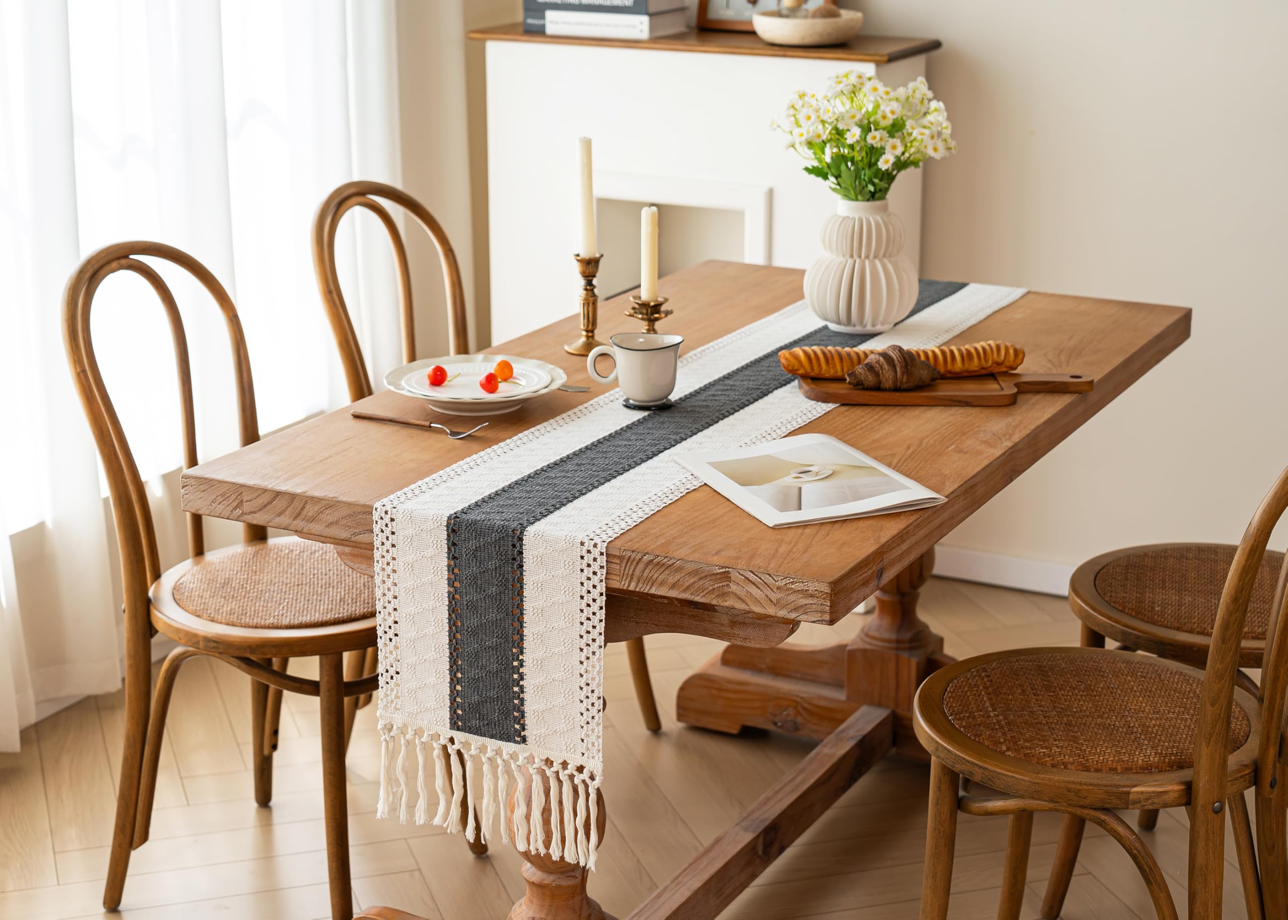 FEXIA Boho Table Runner for Christmas Home Decor with Tassels 72 Inches Long Farmhouse Grey Rustic Table Runner Macrame Burlap T