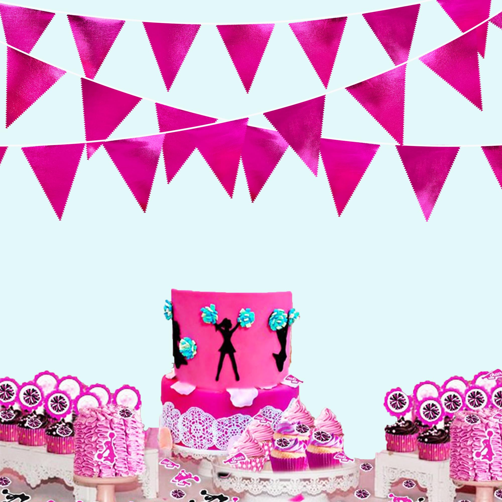 Hot Pink Party Decorations Triangle Pennant Banner Flag Rose Pink Metallic Fabric Bunting Garland For Birthday Bachelorette Wedd
