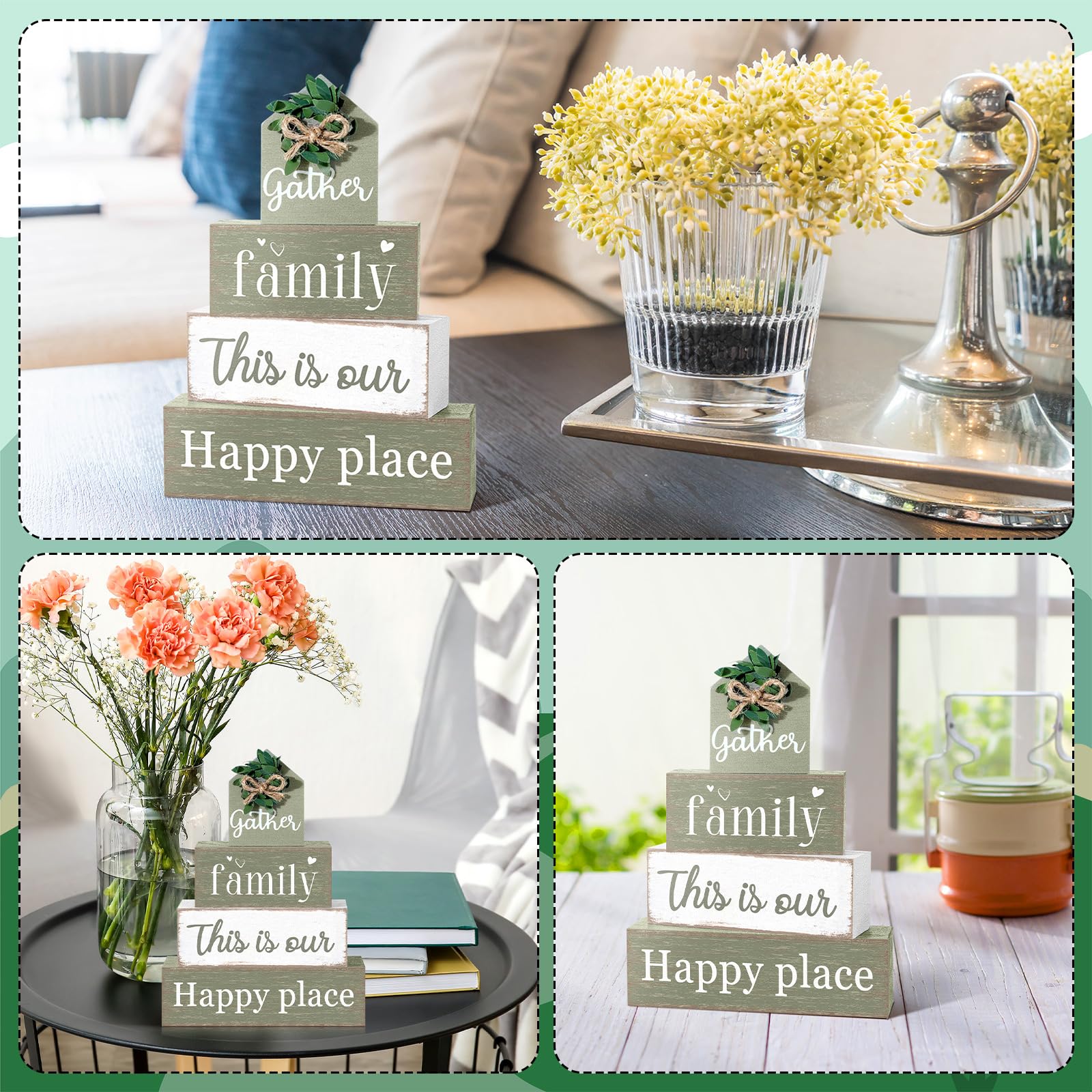 Cinnvoice Farmhouse Table Decor Eucalyptus Leaves Wooden Block Sign Gift Gather Family This Is Our Happy Place Tabletop Centerpi