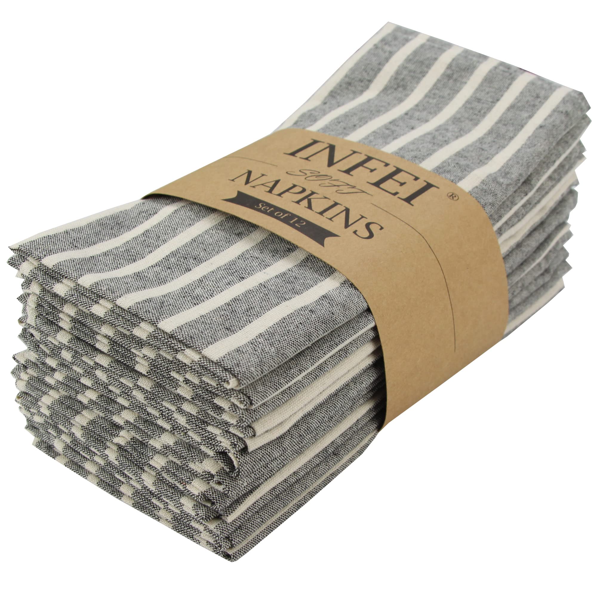 Infei Broad Striped Cotton Blended Dinner Cloth Napkins - Set Of 12 (17 X 17 Inches) - For Events & Home Use (Black)