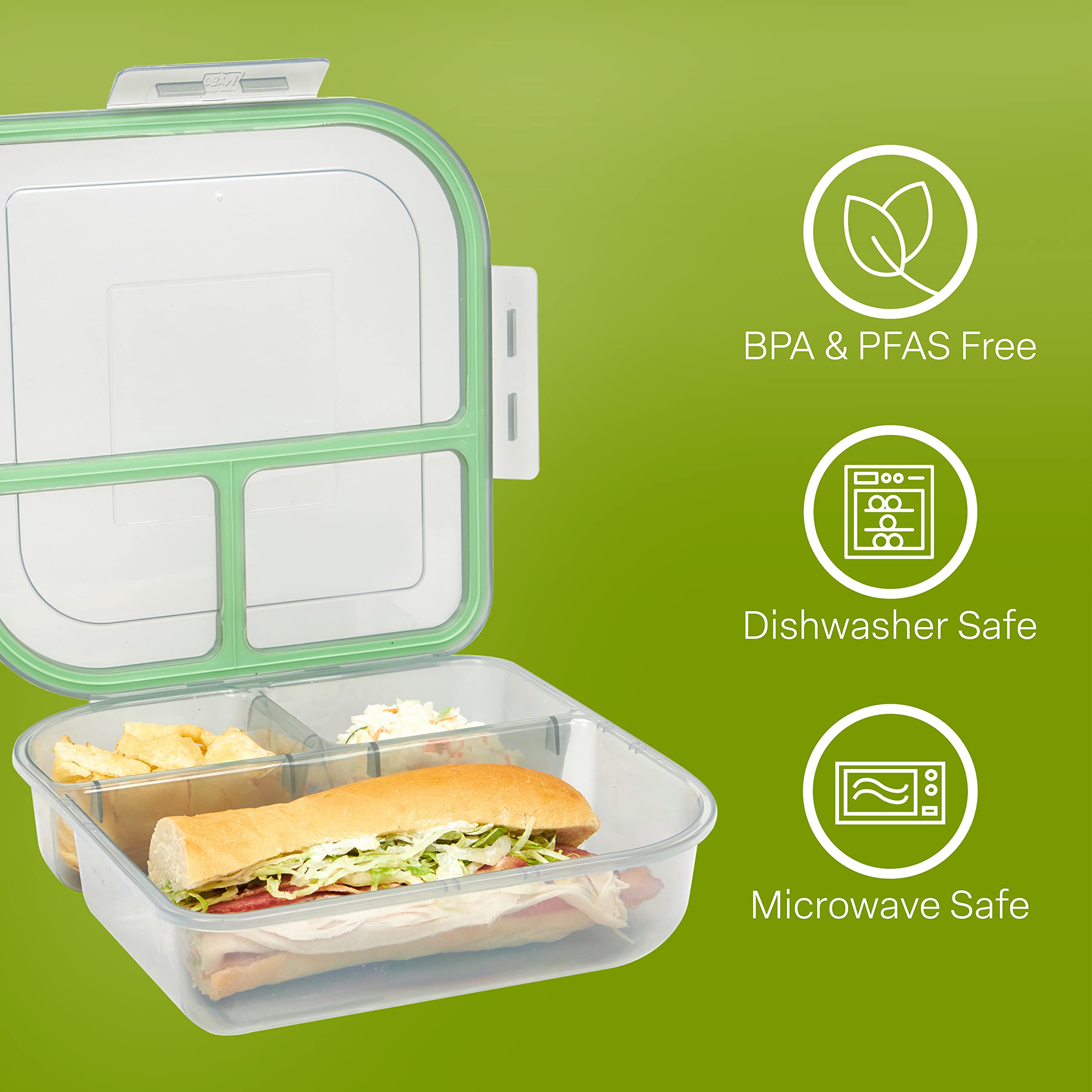 Mygo Container Large To-Go 3-Compartment Food Container, 9-3/8'' X 9-3/8'' X 2-1/2'', Reusable, Microwave Safe, Nsf Certified, S