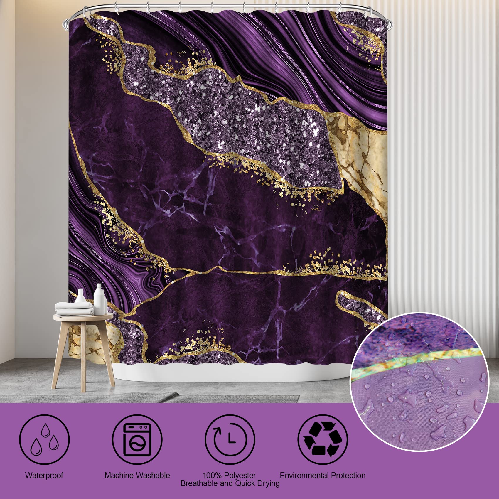 Emhome Marble Shower Curtain Sets, Modern Bathroom Sets With Shower Curtains, Toilet Lid Rug, Contour Mat And Bath Mat, Bathroom