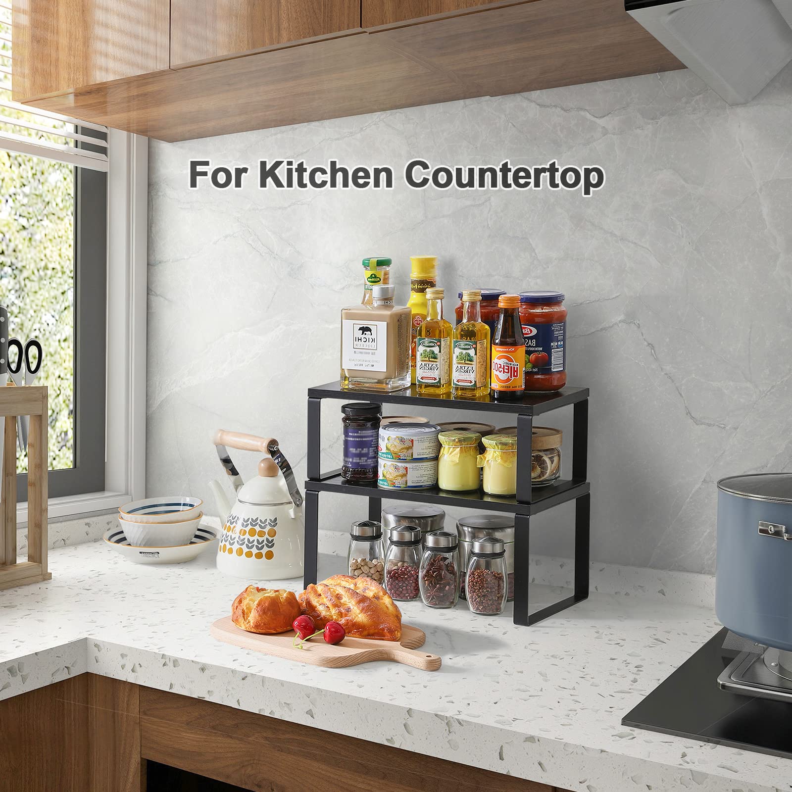 YMYNY Cabinet Shelf Organizer, Extendable Countertop Shelves Set of 2, Kitchen Spice Racks, Stackable, Storage Racks for Cupboar