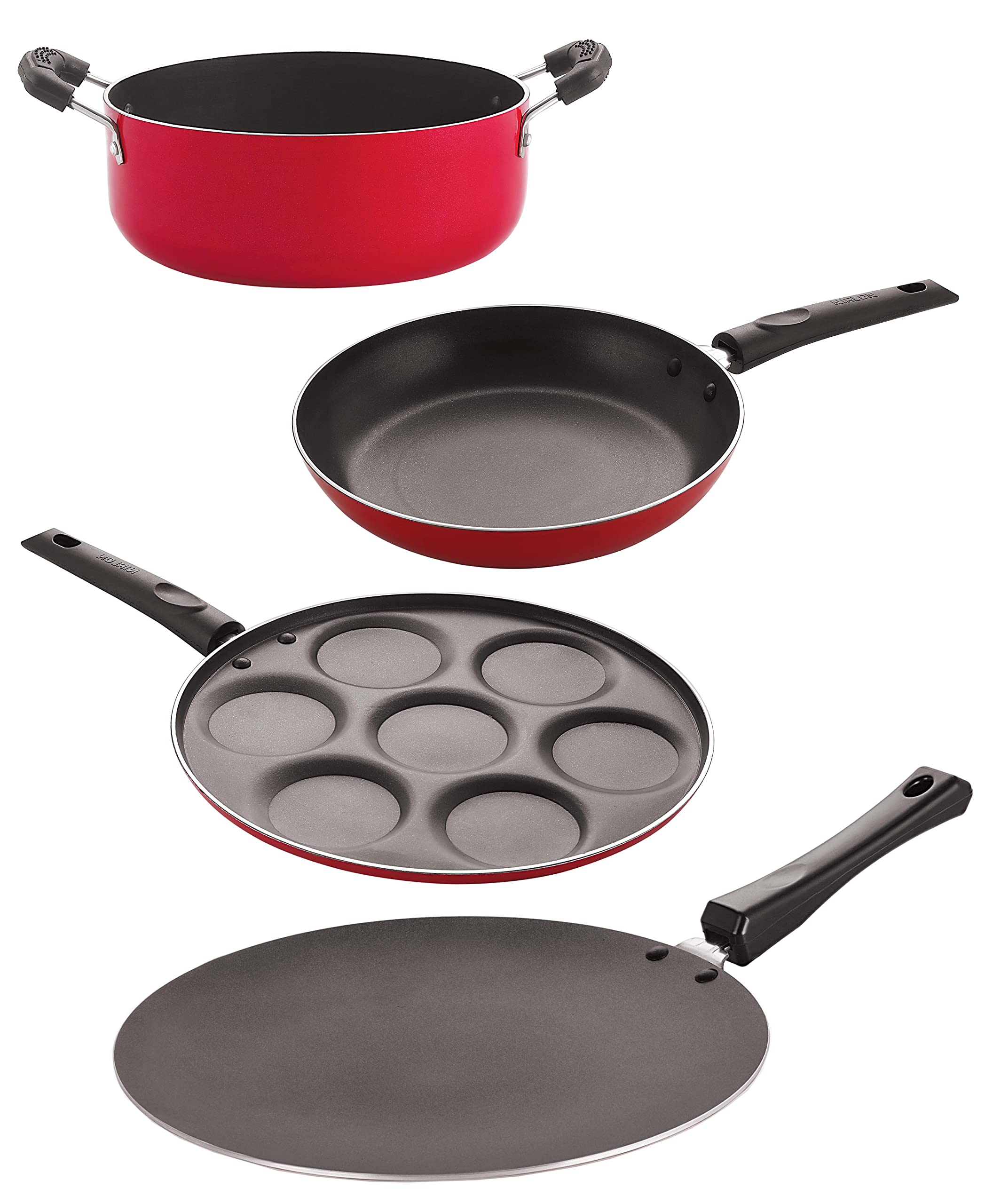 Nirlon NonStick Aluminum Cookware Set, 4Piece, Red And Black (2.6Mm_Ct_Tp_Up_Cass22)