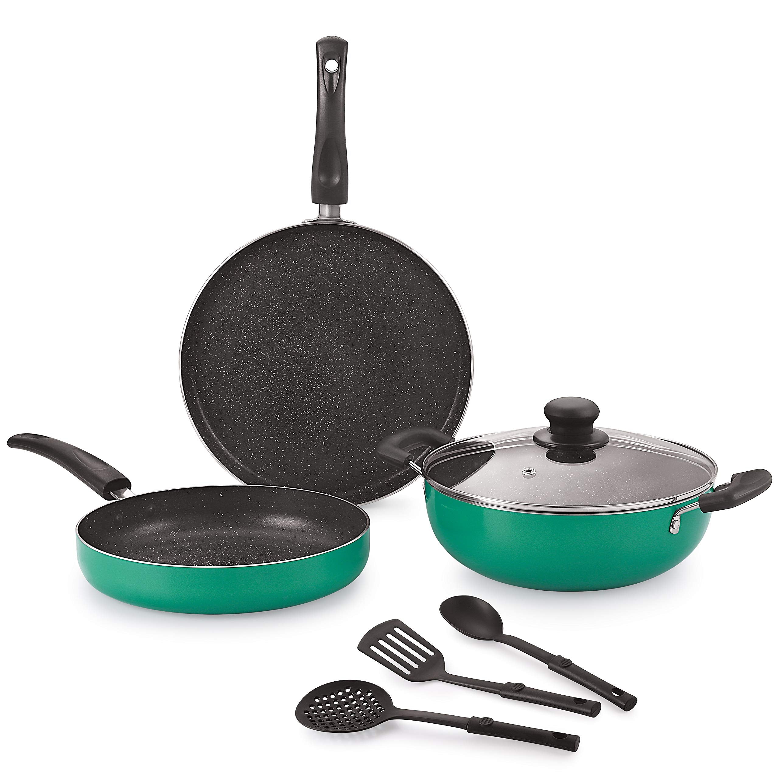 Nirlon Greenchef Granite 7-Piece Aluminium Non Stick Non Induction Tawa, Fry Pan, Kadhai With Lid And 3 Spoon Cookware Gift Set 