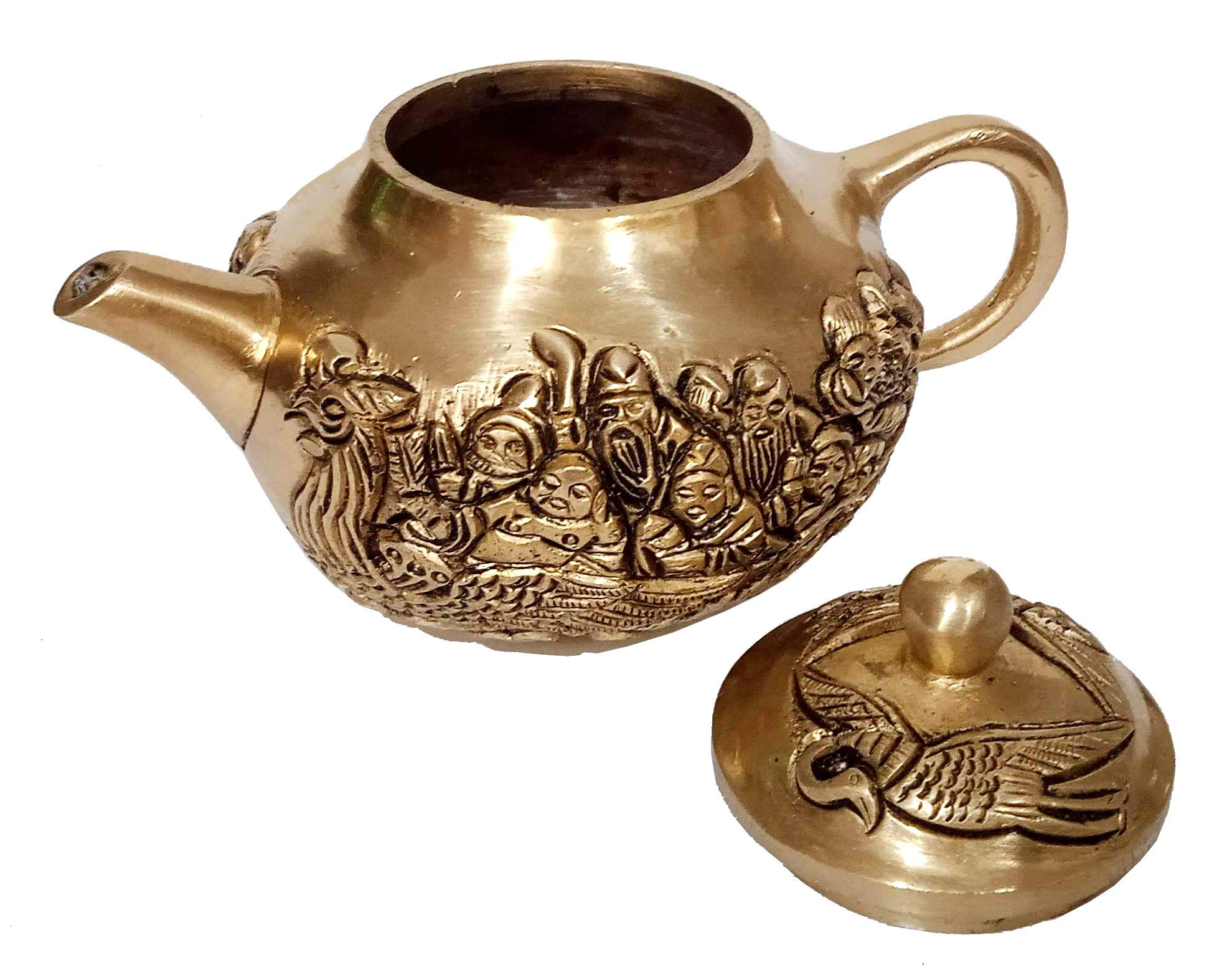 Purpledip Brass Decorative Kettle Teapot: Travelling Monks In Chinese Boat (12261)