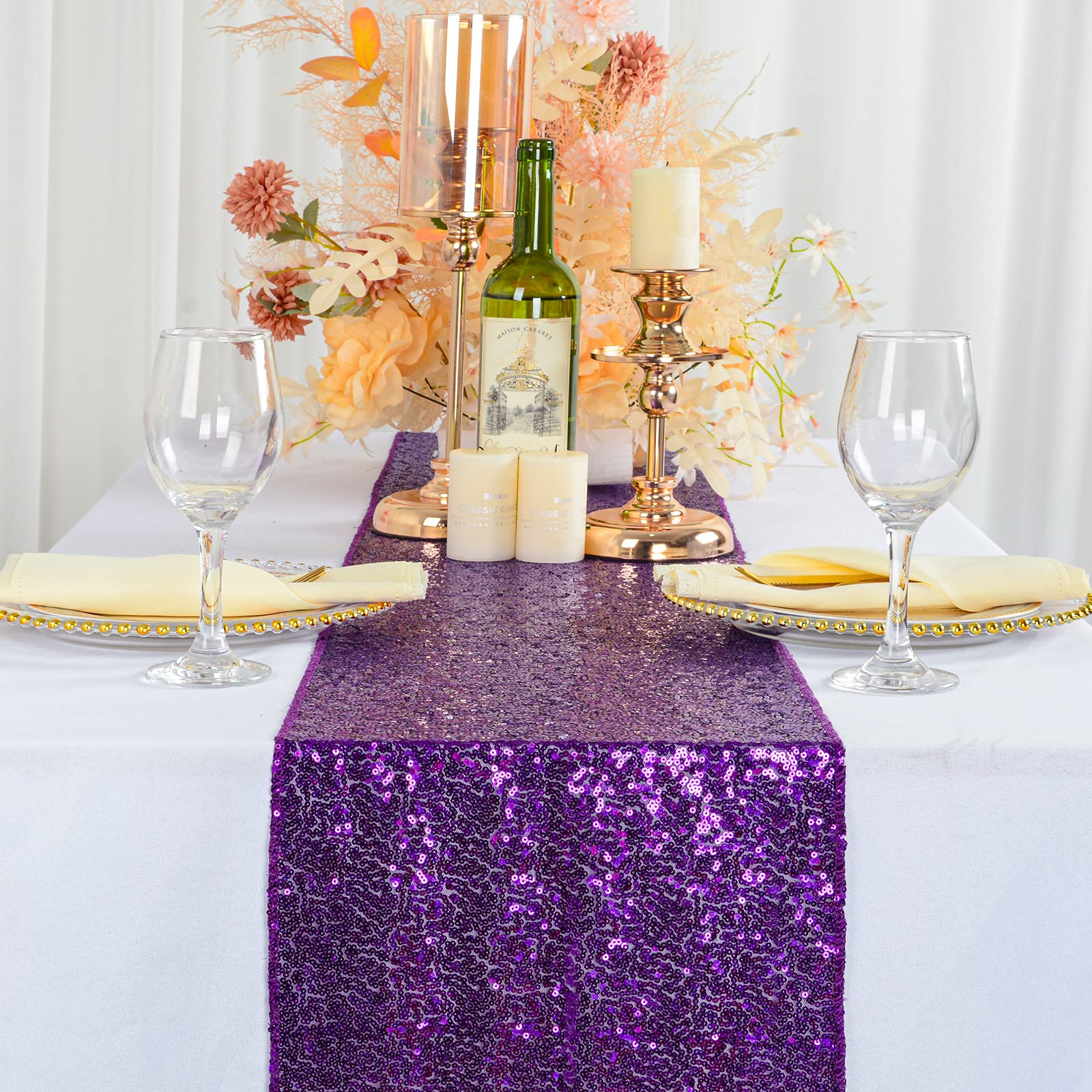 Shinybeauty Purple Table Runner 12X72 Inches 2 Pack Sequin Table Runners Glitter Bithday Table Runner Christmas Holiday Runner F