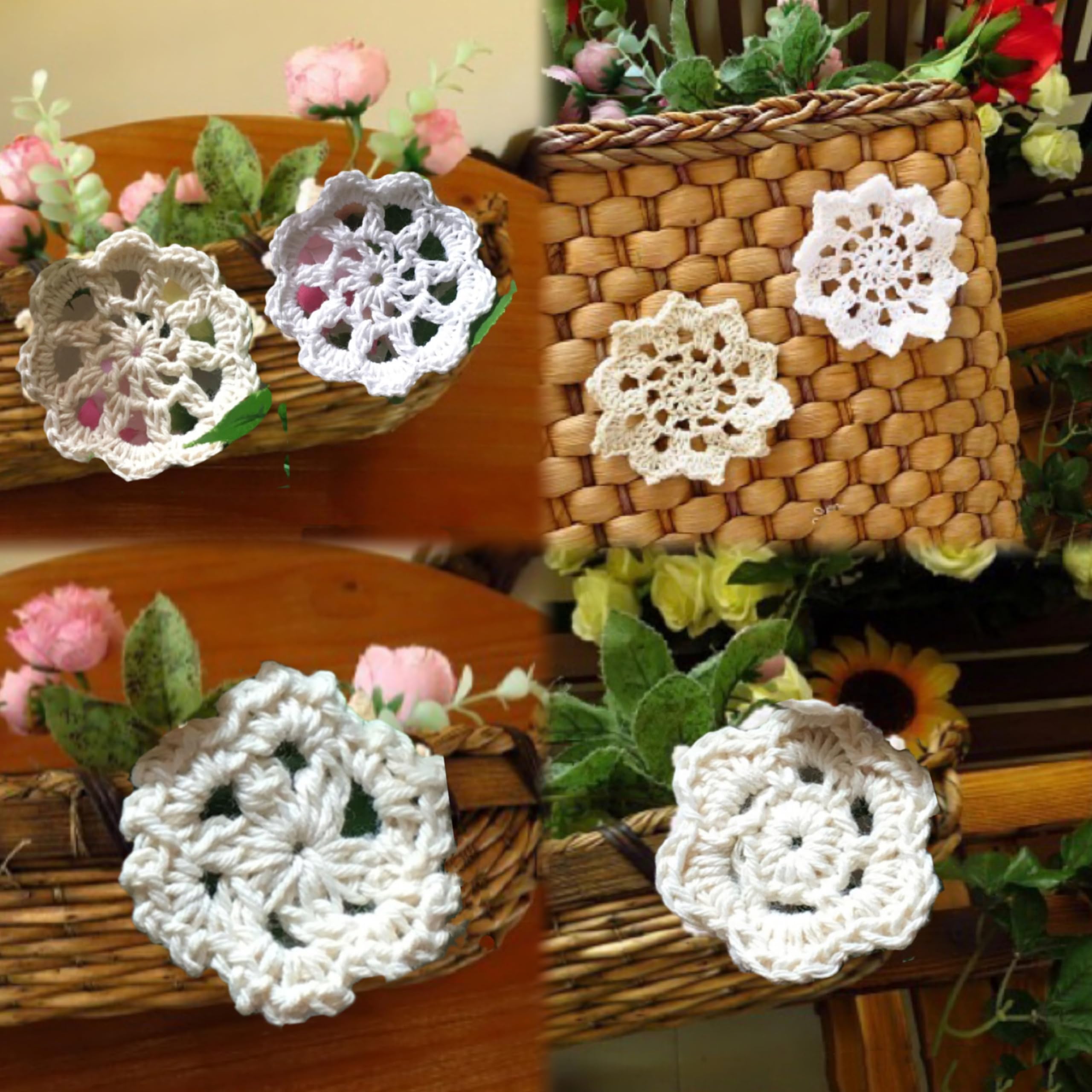 Mindplus Super Mini Doilies 1-2 Inches White Beige Cotton Small Hand Crochet Petals Lace Doilies For Crafts,Set Of 18 (White, 1-
