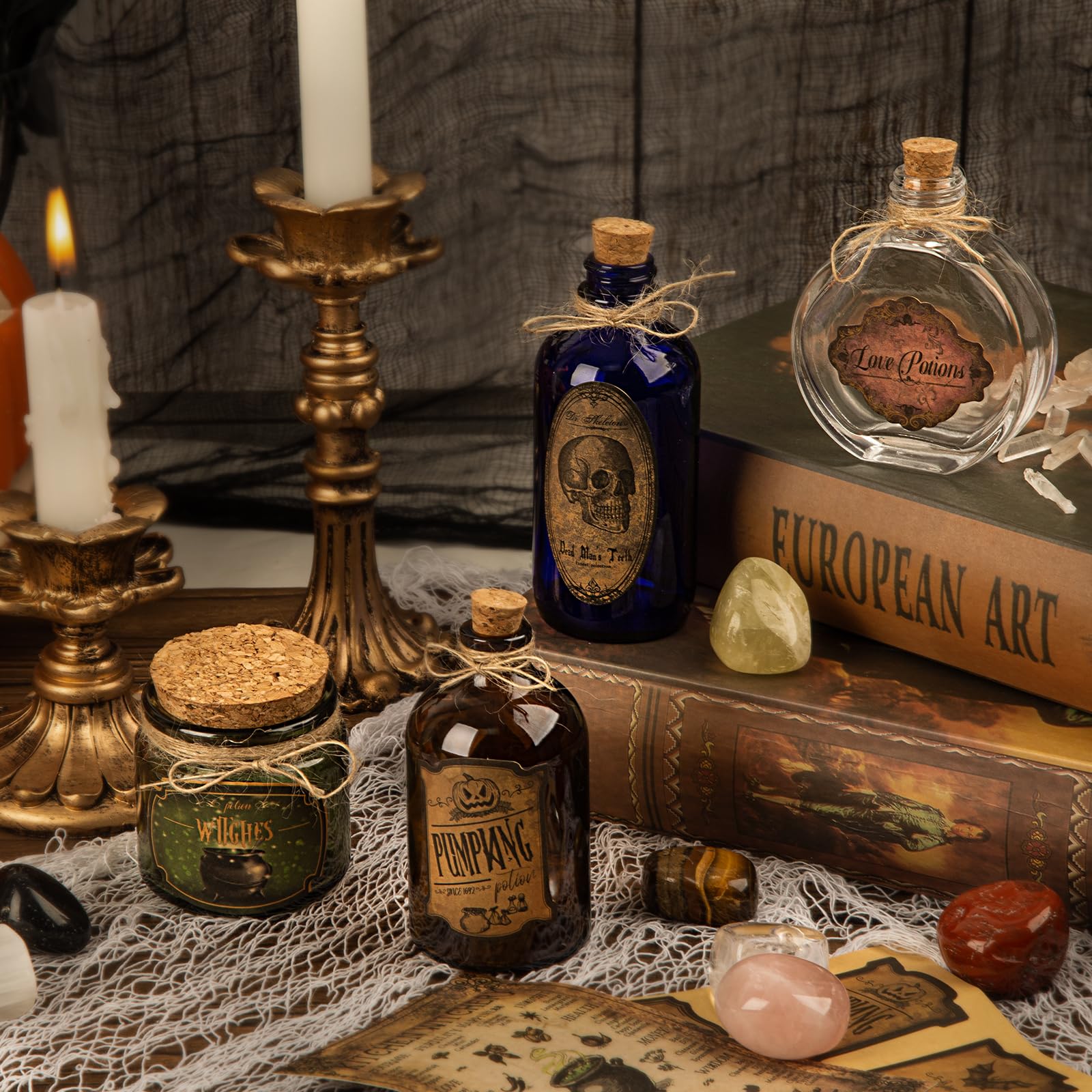 HOHUCRAB Potion Bottles Halloween Decoration, Set of 4 Glass Potion Bottles with Corks and 10 Halloween Bottle labels, Halloween