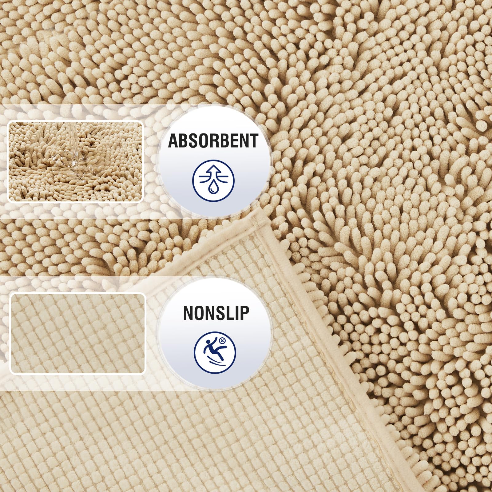 Techmilly Soft Fluffy Chenille Bathroom Rugs, Non Slip Absorbent Bath Mats For Bathroom, Washable And Quick Dry, Khaki, 17'' X 2