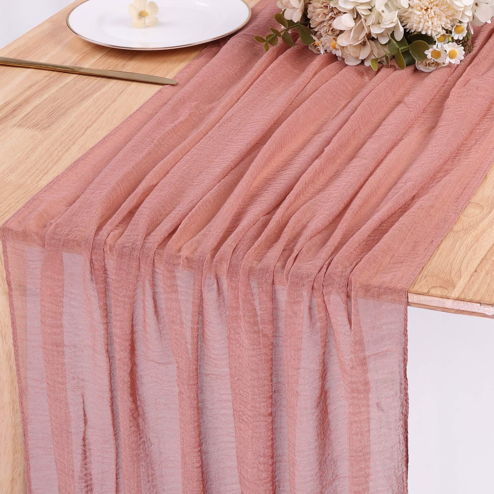 Sajoo Dusty Blush Cheesecloth Table Runner 10Ft Gauze Table Runner For Decor Valentines 35X120 Inches Rustic Boho Cheese Cloth T