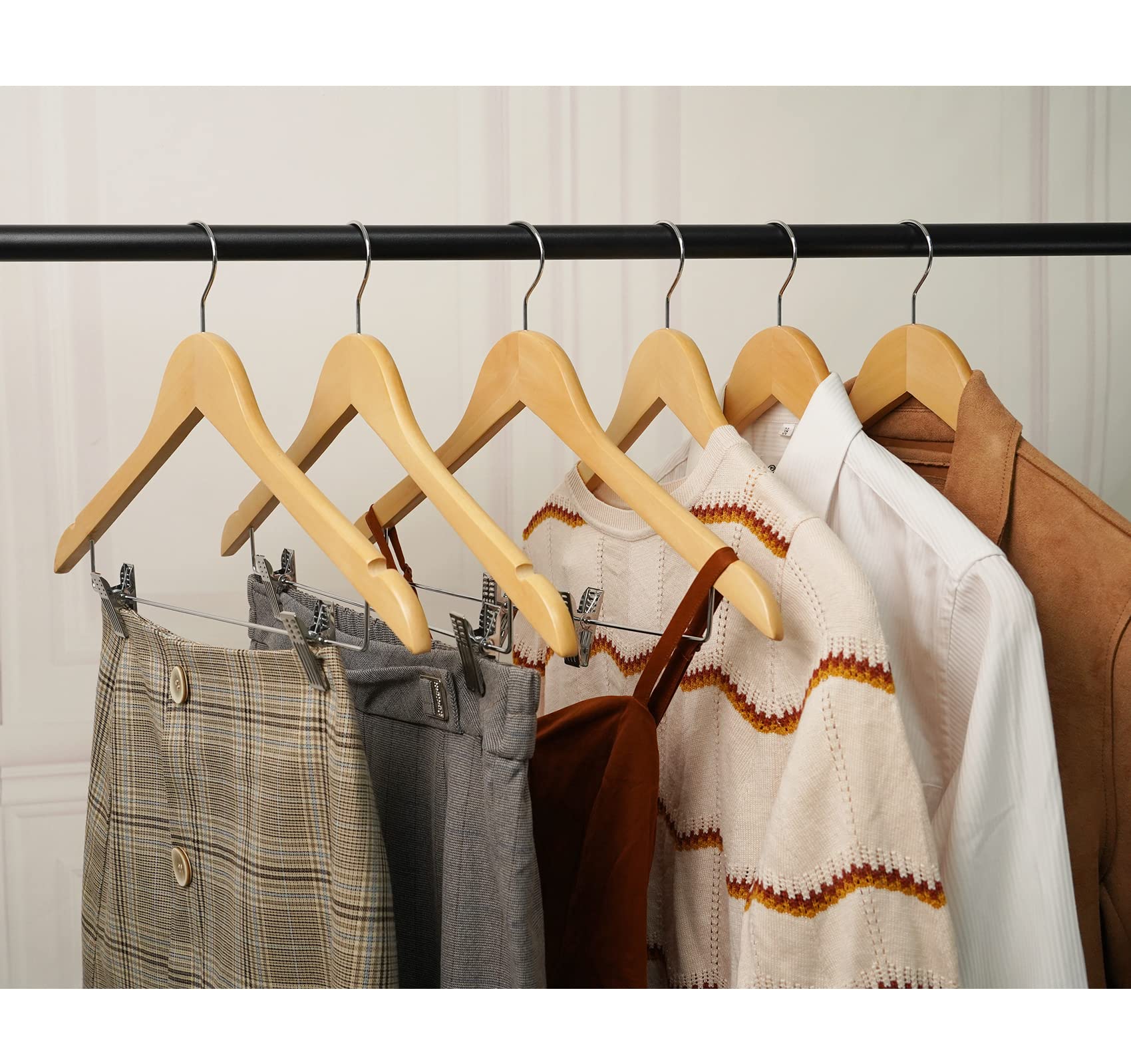 Hou  Sm 16Pack Wooden Hangers Skirt Hangers With Clips, Solid Wood Pants Hangers Natural Smooth Finish High-Grade Selected Wood