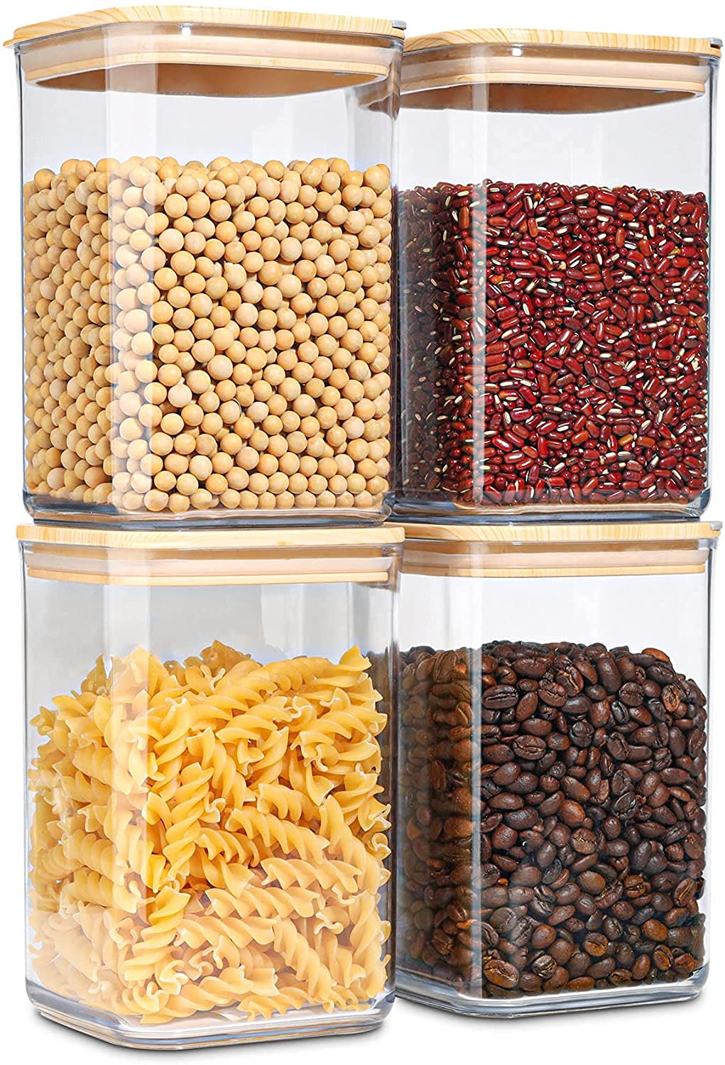 Lizepto Glass Jar With Bamboo Lid, Food Storage Container, Airtight Pantry Canisters (950Ml, Square, Set Of 4)
