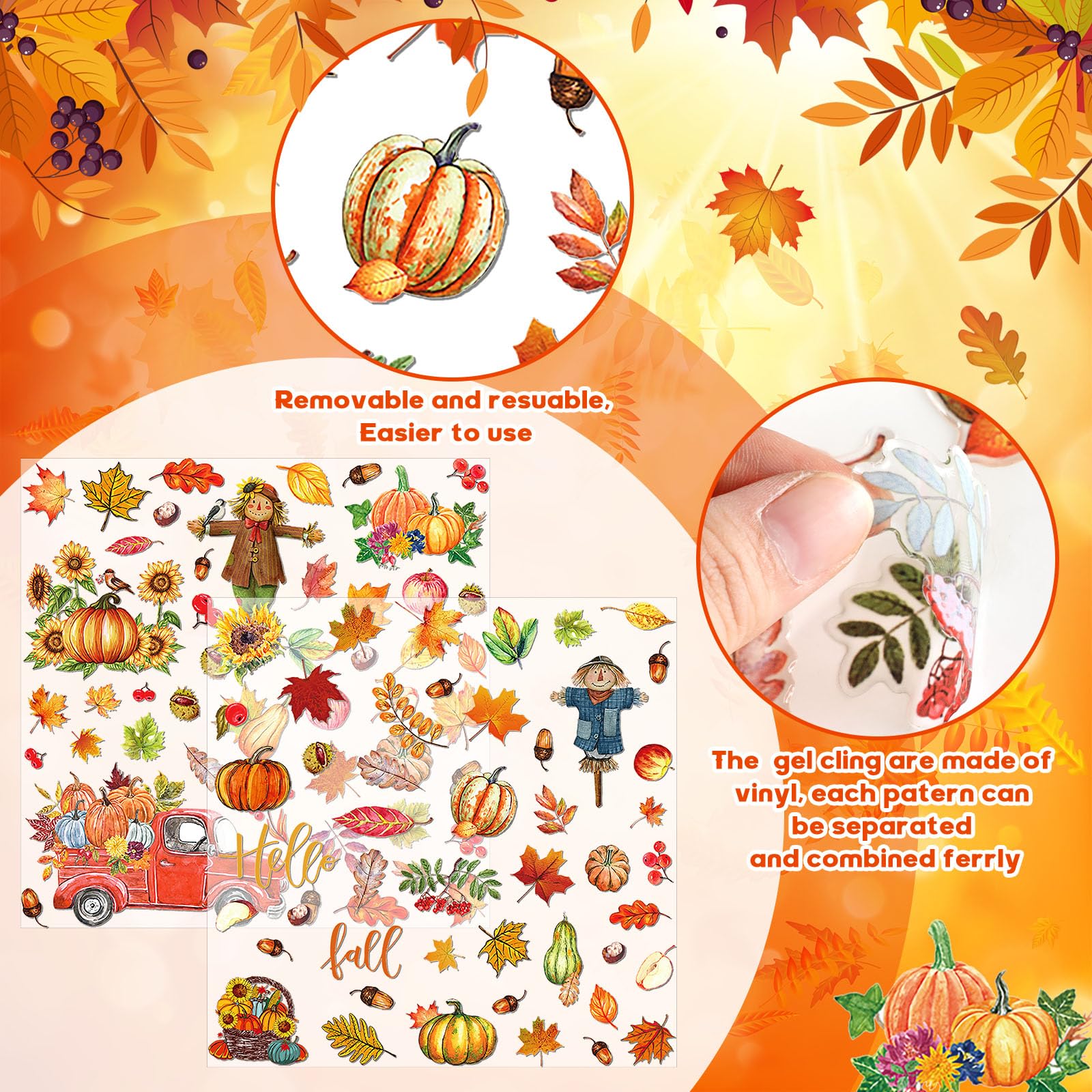 Motipuns 2 Sheet 88 Pcs Thanksgiving Gel Window Clings Fall Thick Gel Cling Removable Reusable Autumn Harvest Window Sticker Pum