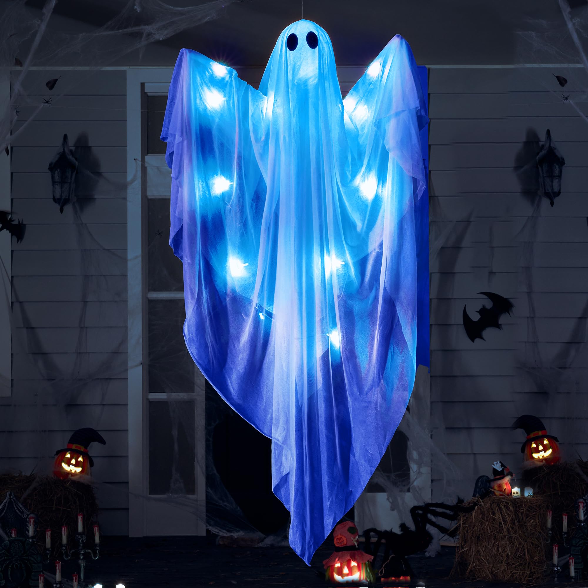 JOYIN Halloween Hanging Light up Ghost with Spooky Blue LED Light, 47    White Ghosts Halloween Hanging Decoration for Front Yar